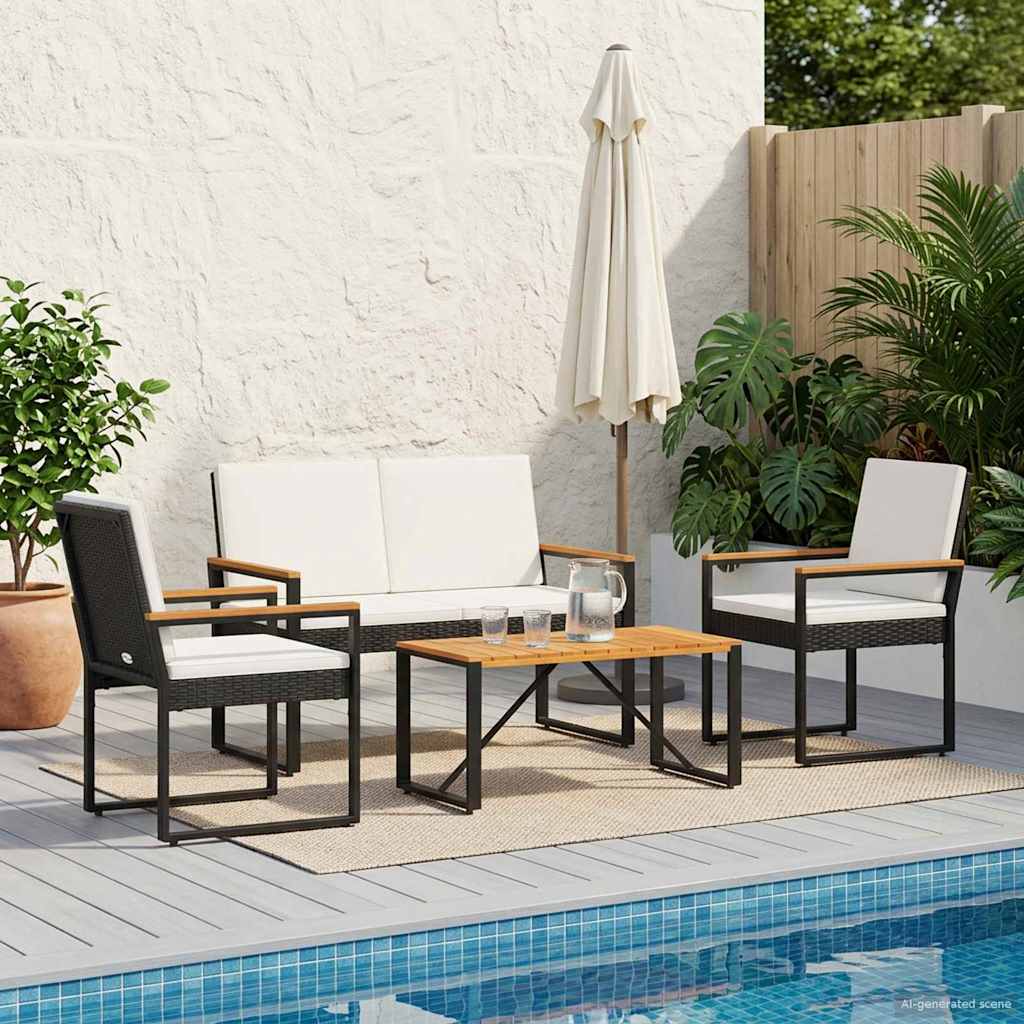 vidaXL Buitenmeubelset met kussen 4 pcs Zwart poly rattan