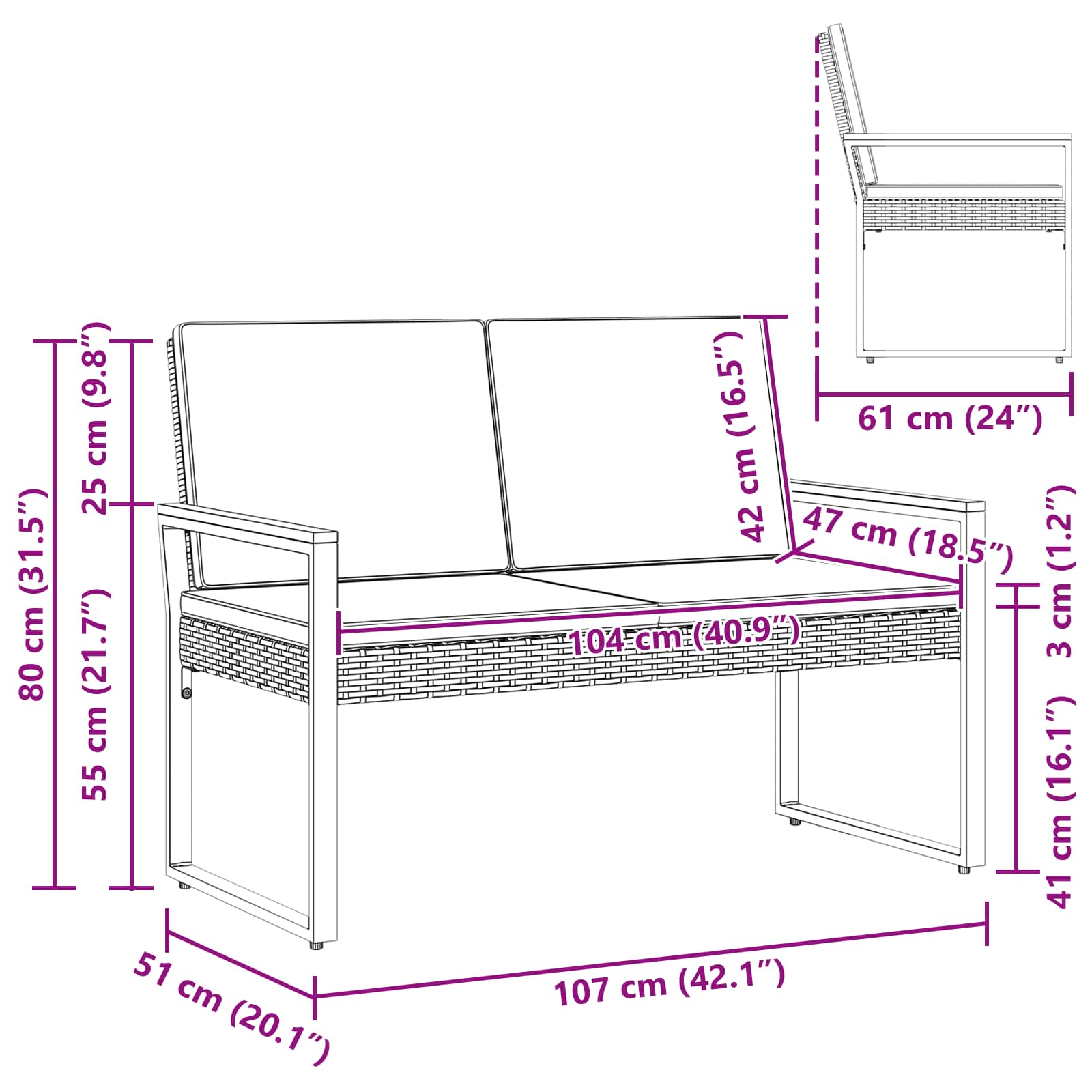 vidaXL Tuinbank met kussen Zwart 107 x 61 x 80 cm poly rattan