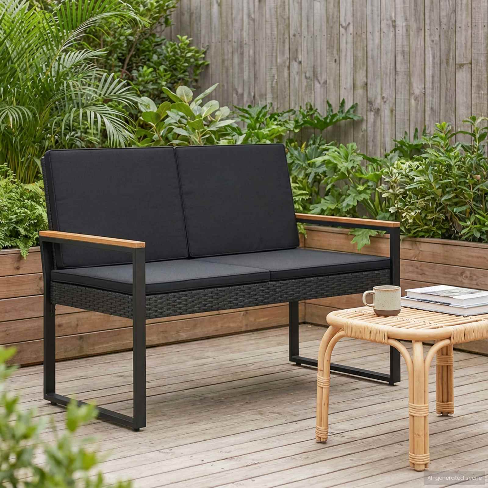 vidaXL Tuinbank met kussen Zwart 107 x 61 x 80 cm poly rattan