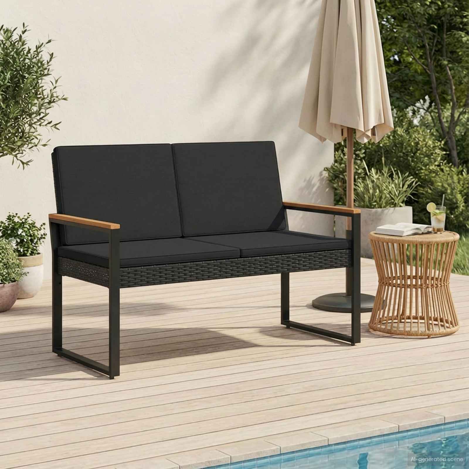 vidaXL Tuinbank met kussen Zwart 107 x 61 x 80 cm poly rattan