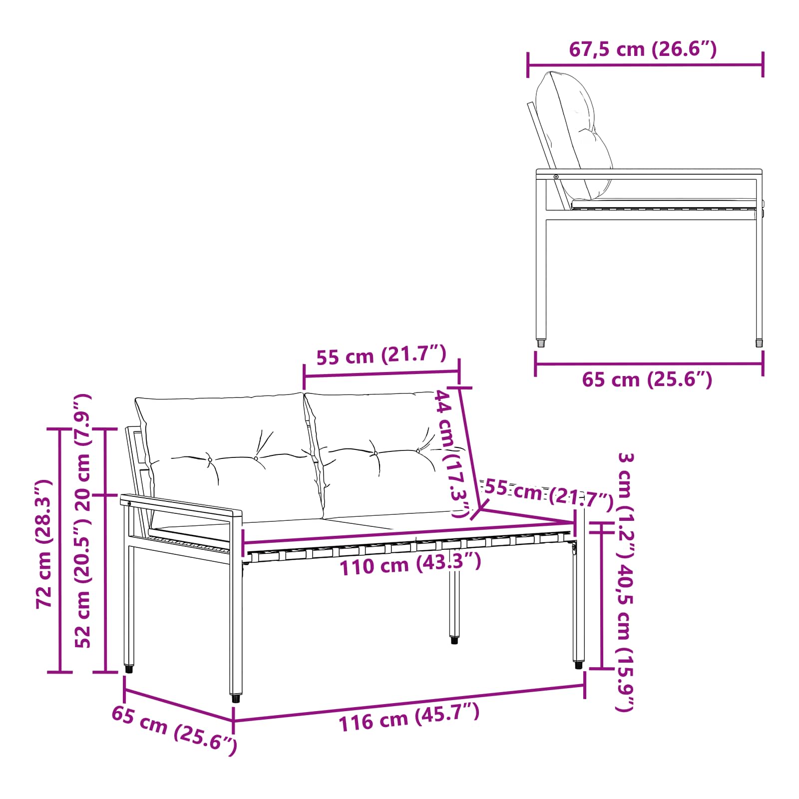 vidaXL Tuinbank 2 -Seater 116 x 67,5 x 72 cm poly rattan Crèmewit