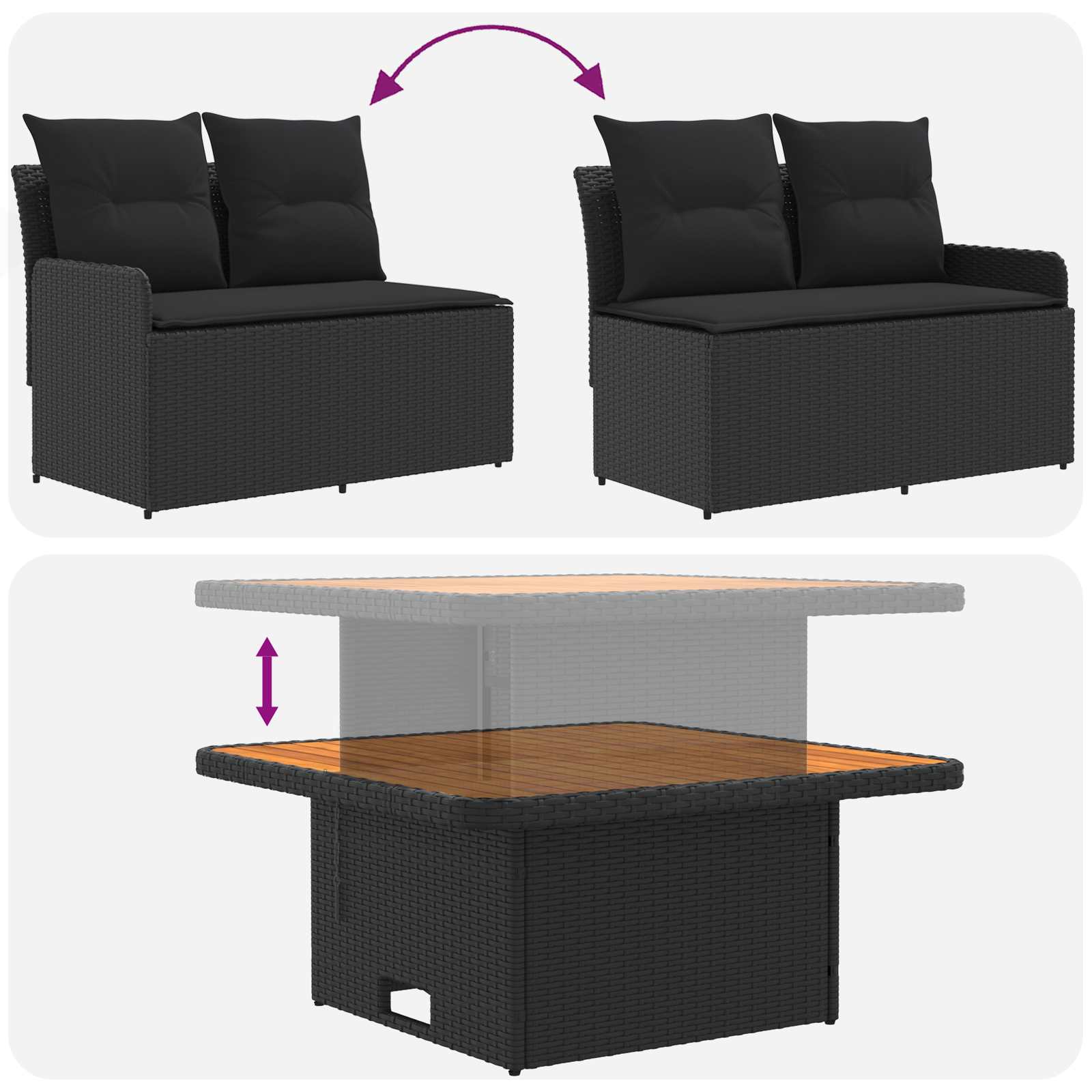 vidaXL Tuin Armsteun Sofa met Opklaptafel 2 Stuk Zwart PE Rattan