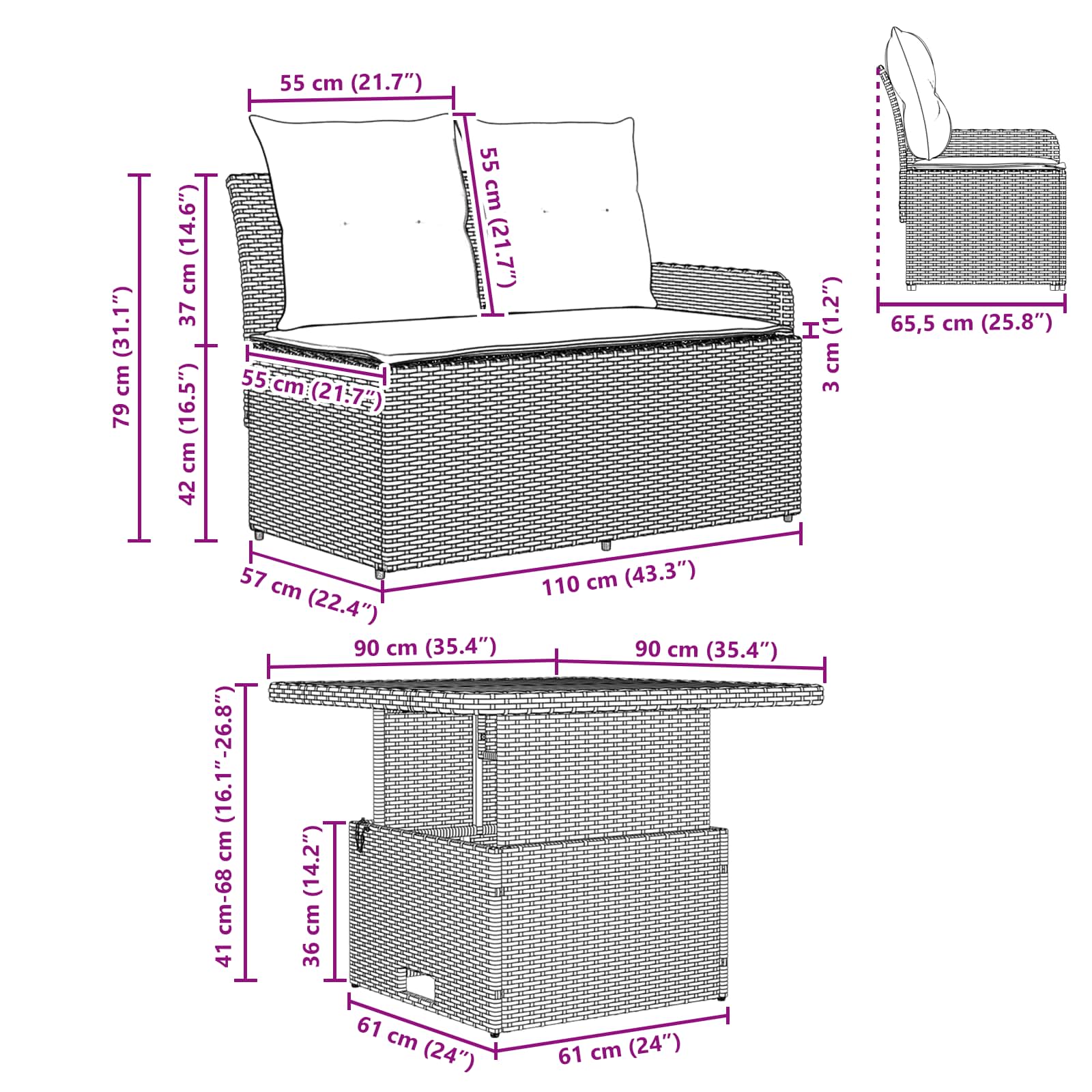 vidaXL Tuin Armsteun Sofa met Opklaptafel 2 Stuk Zwart PE Rattan