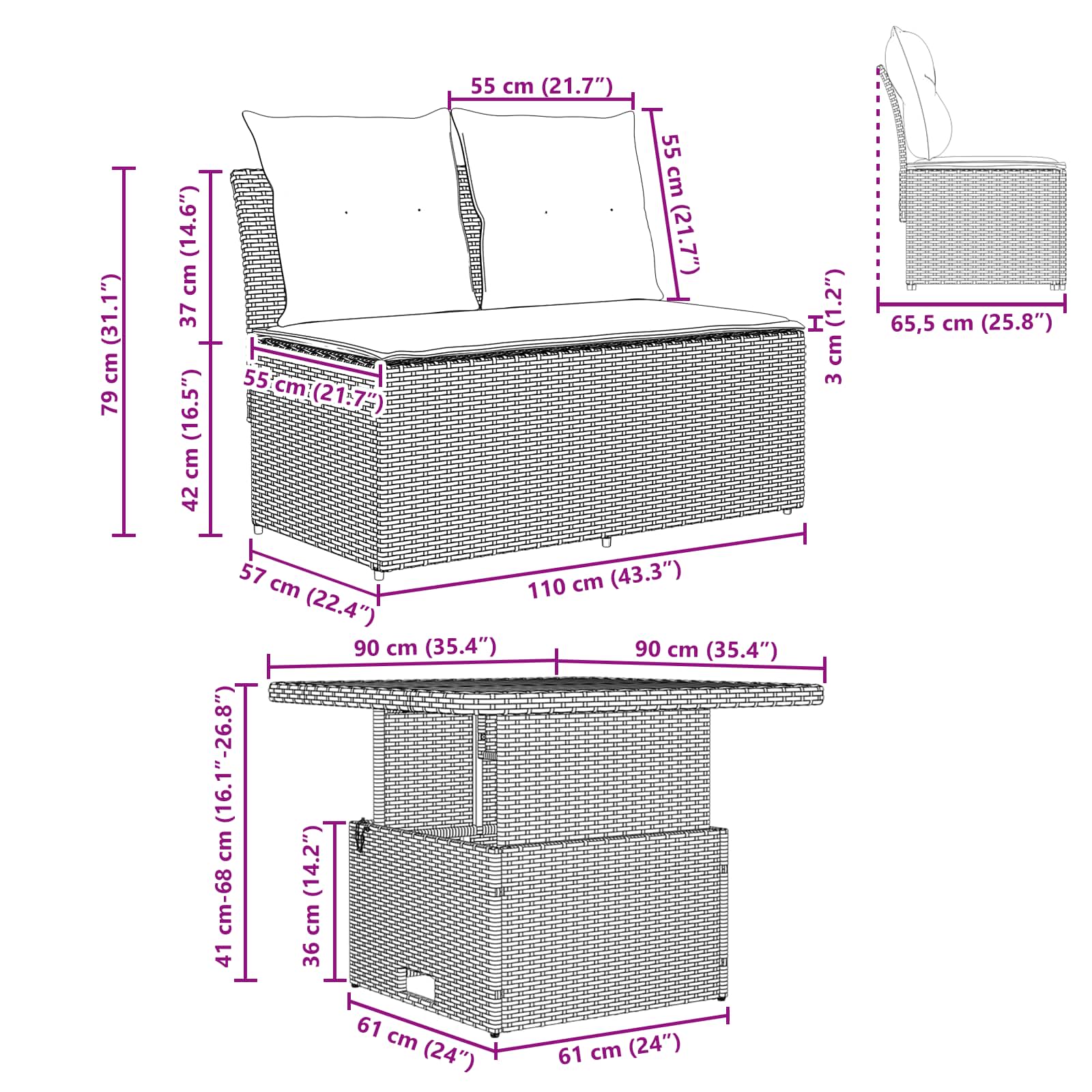 vidaXL 2 Stuk Tuin middelste sofa met uitschuiftafel poly rattan Zwart