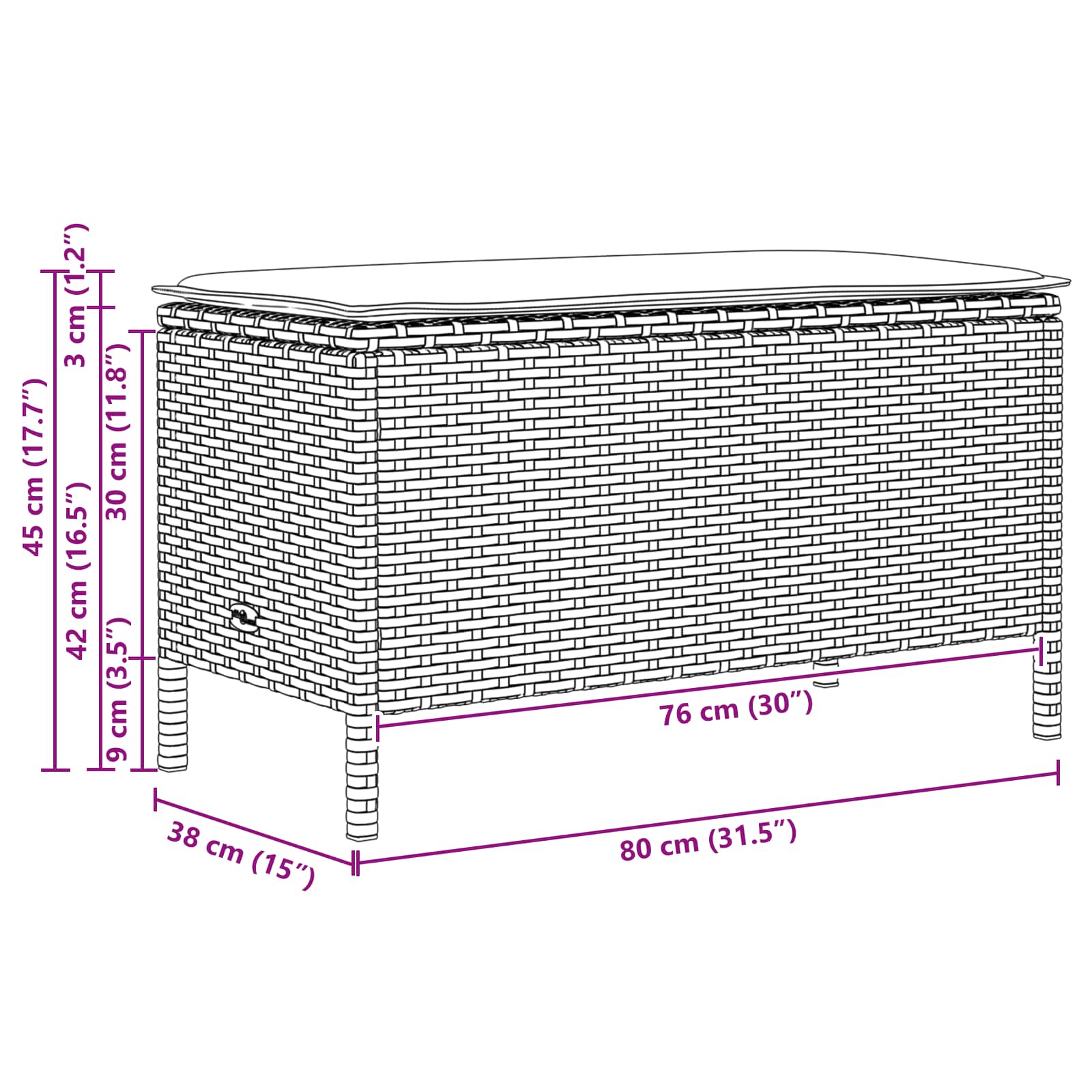 vidaXL Tuinvoetenbank met kussen Zwart 80 x 38 x 45 cm PE Rattan