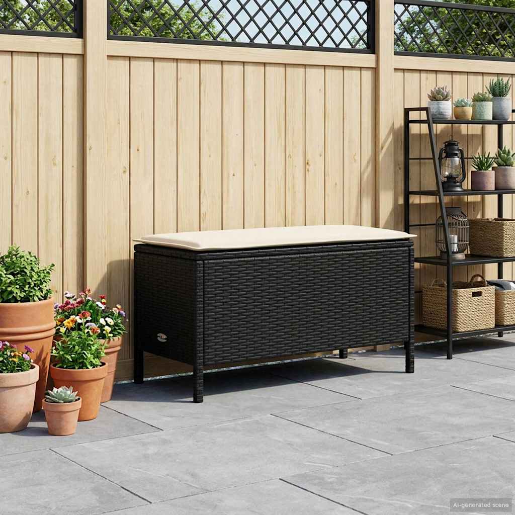 vidaXL Tuinvoetenbank met kussen Zwart 80 x 38 x 45 cm PE Rattan