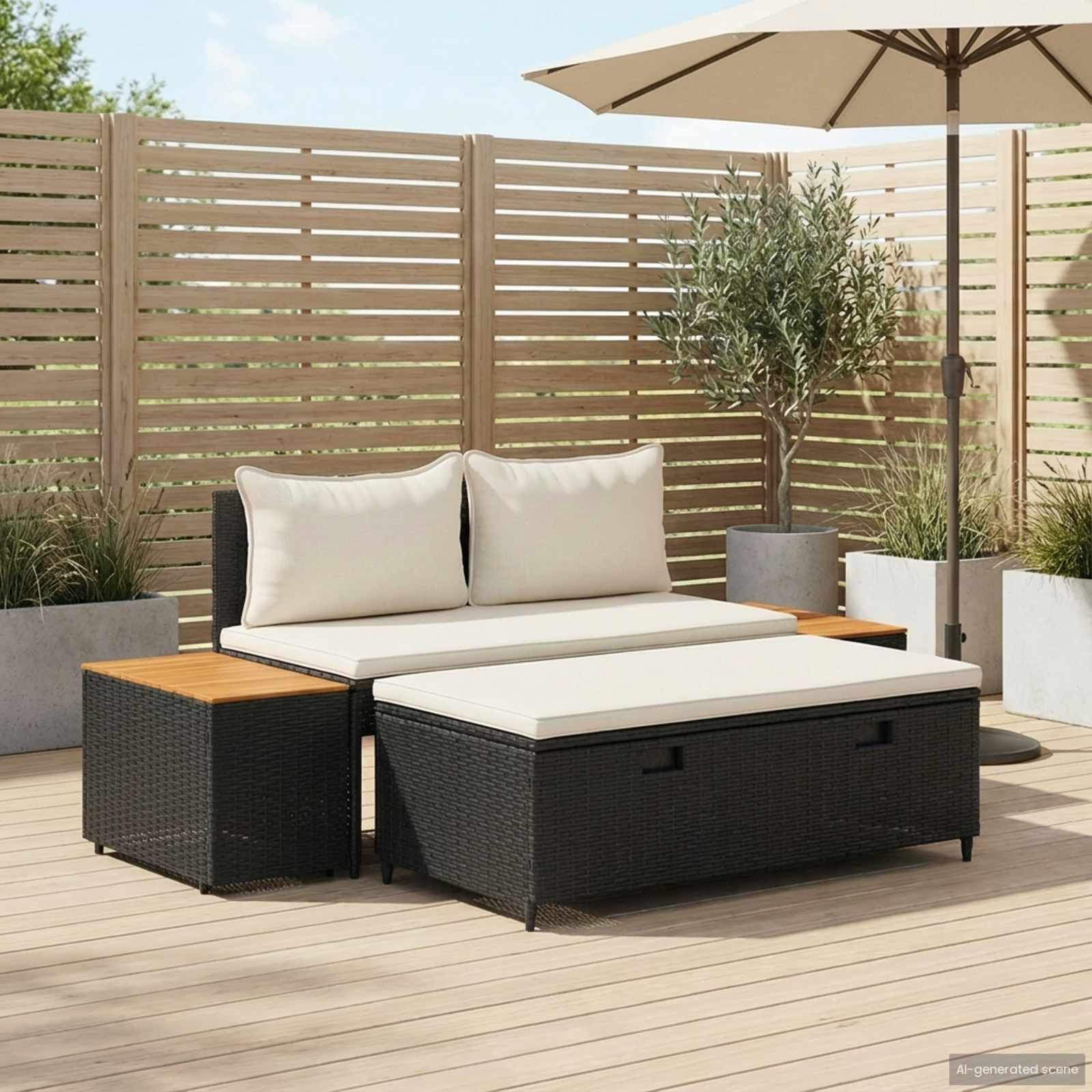 vidaXL Buiten bankenset 4 pcs Zwart en Cream Wit Poly rattan en acacia