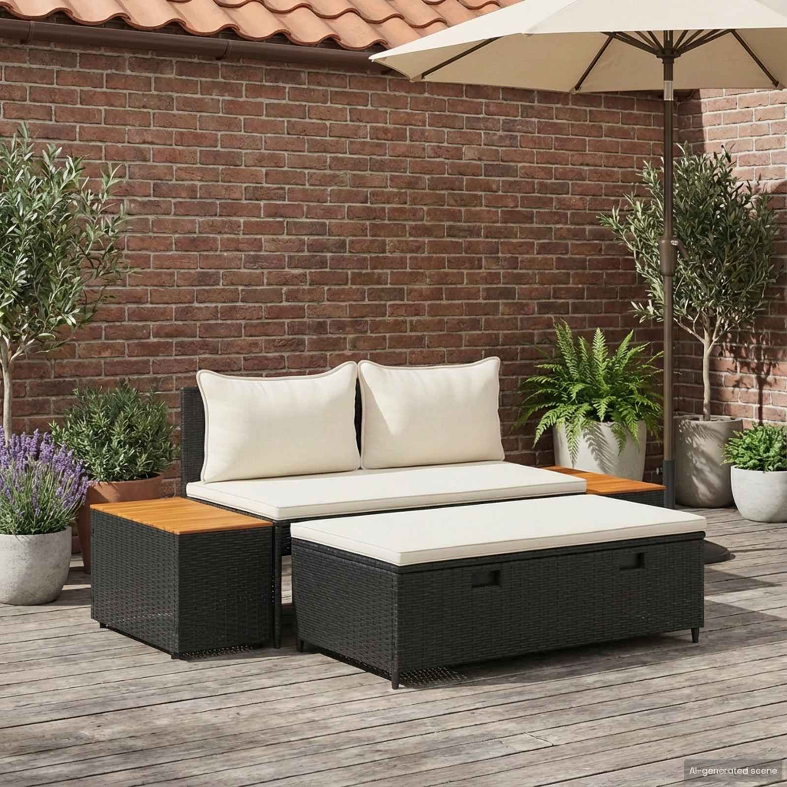 vidaXL Buiten bankenset 4 pcs Zwart en Cream Wit Poly rattan en acacia