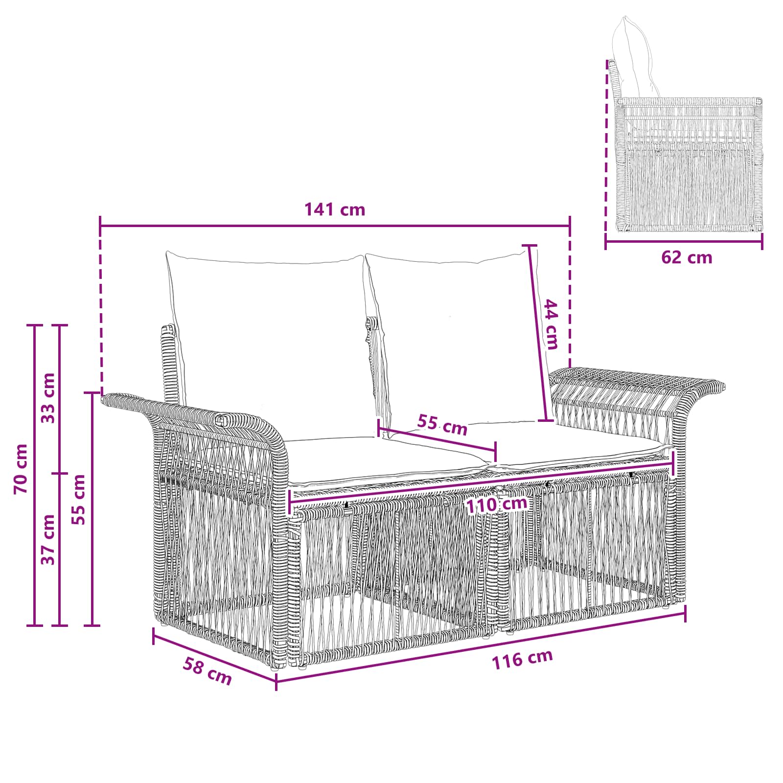 vidaXL Tuinbank 2-Aantal zitplaatsen Zwart poly rattan
