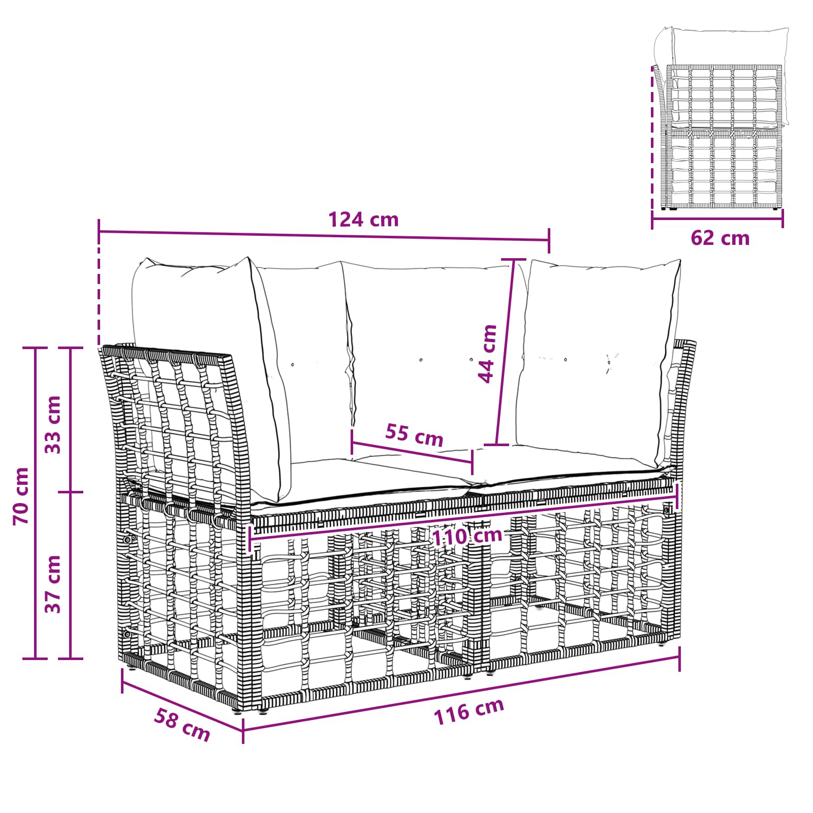 vidaXL Buiten loveseat 2 pcs Zwart en Donkergrijs poly rattan