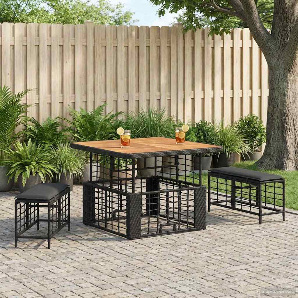 vidaXL Tuin eettafelset 3 pcs Zwart en Grijs Poly Riet en Acaciahout