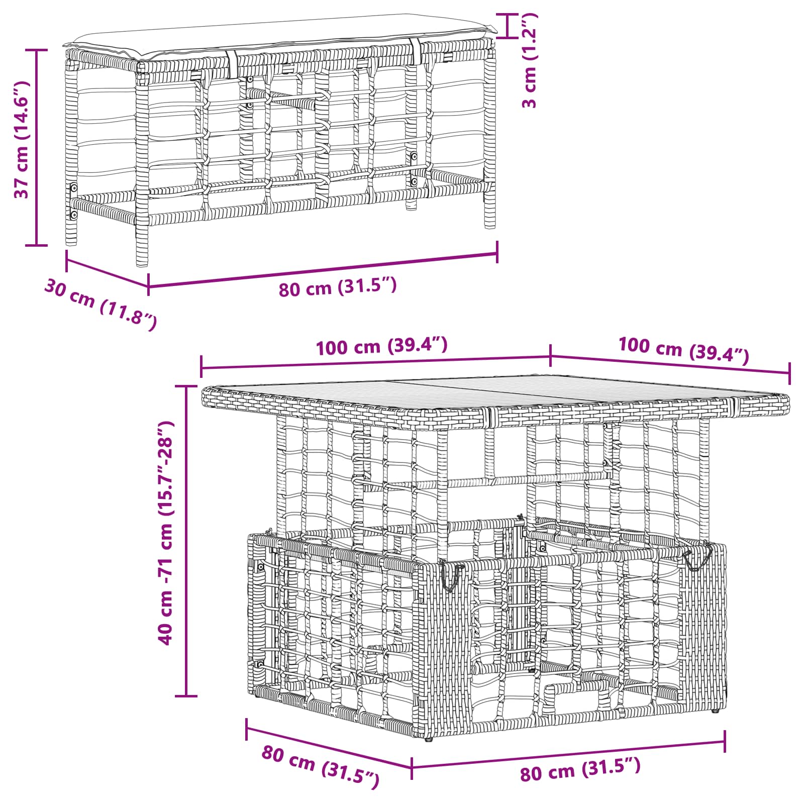 vidaXL Tuin eettafelset 3 pcs Zwart en Grijs Poly Riet en Acaciahout