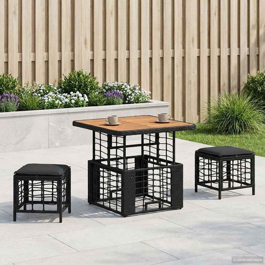 vidaXL Tuin eettafelset 3 pcs Zwart en Grijs Poly Riet en Acaciahout