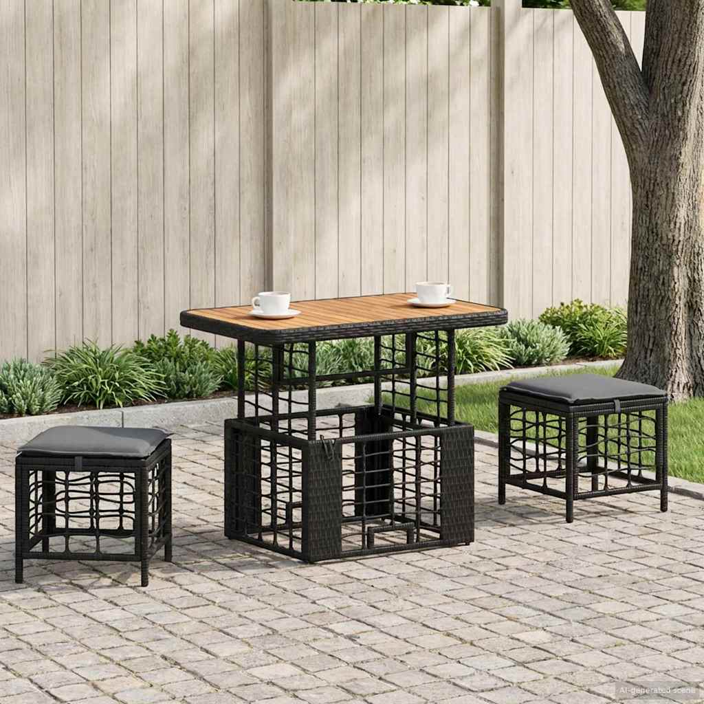 vidaXL Tuin eettafelset 3 pcs Zwart en Grijs Poly Riet en Acaciahout