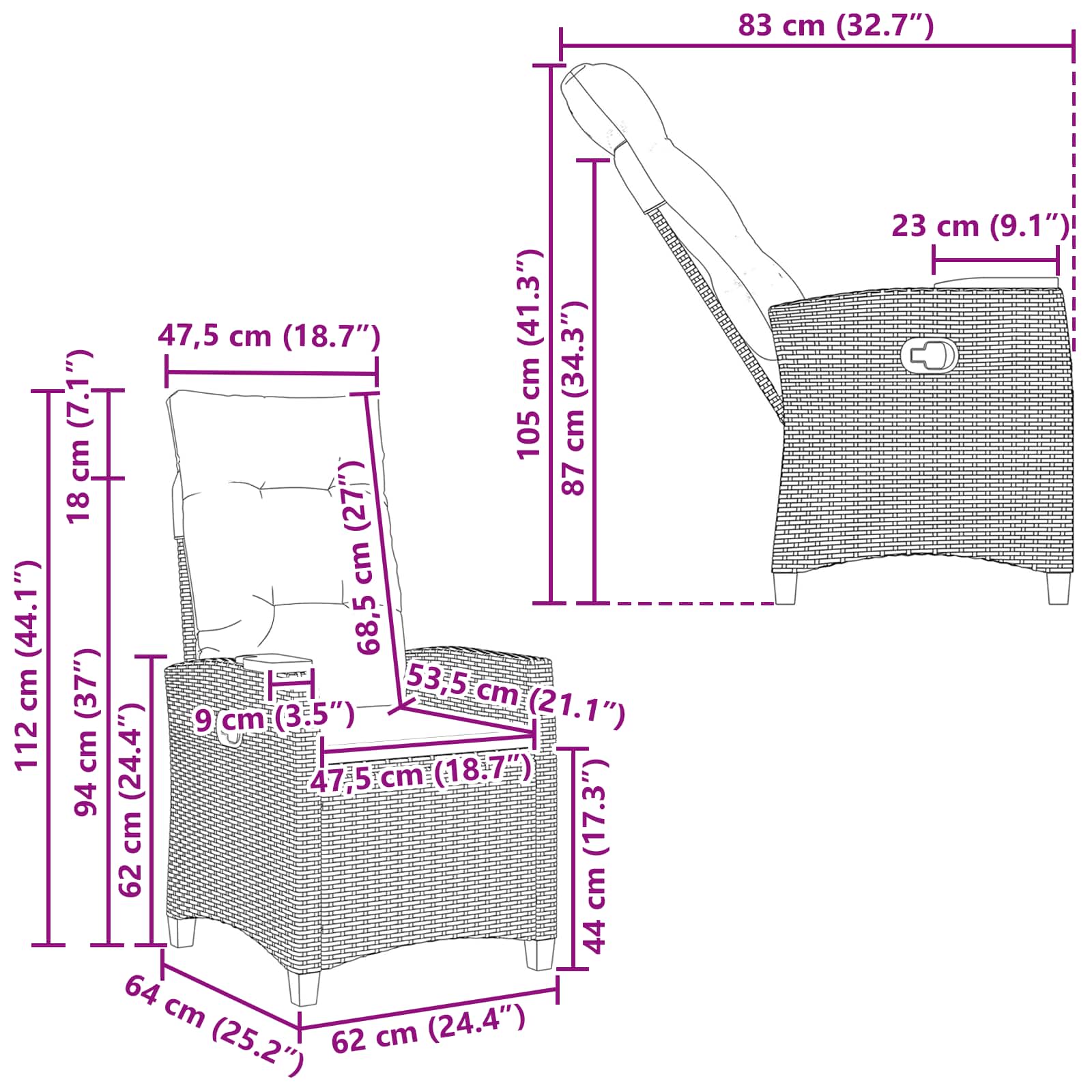vidaXL Verstelbare stoel met theeplaat Zwart 62 x 64 x 112 cm