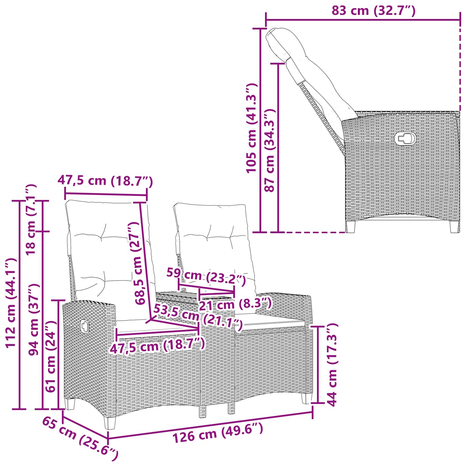 vidaXL Ligbank met tafel Zwart 126 x 65 x 112 cm poly rattan