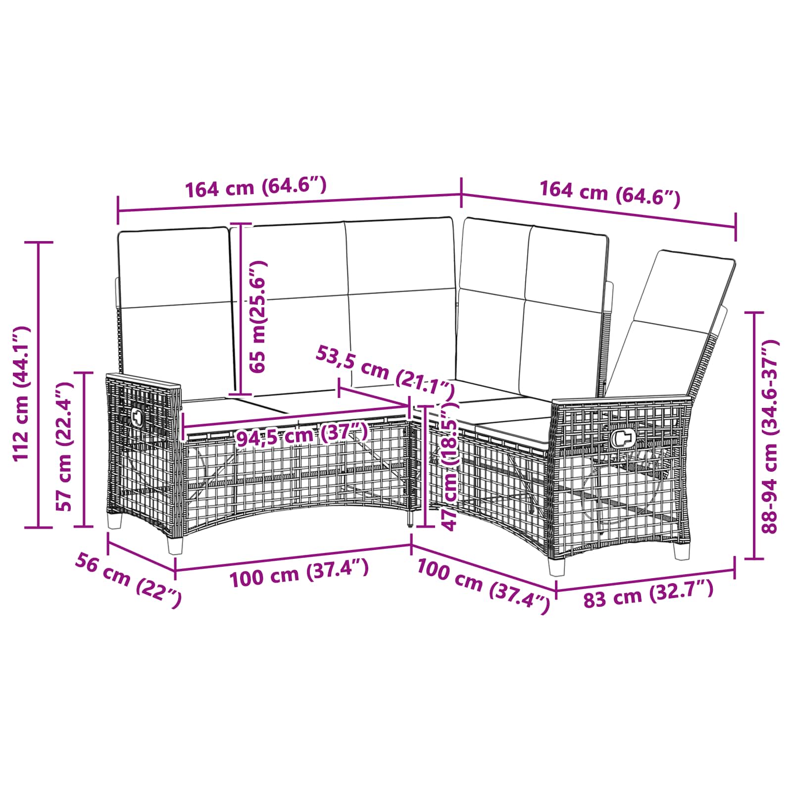vidaXL Tuin Ligbank Set Zwart 164 x 164 x 112 cm poly rattan