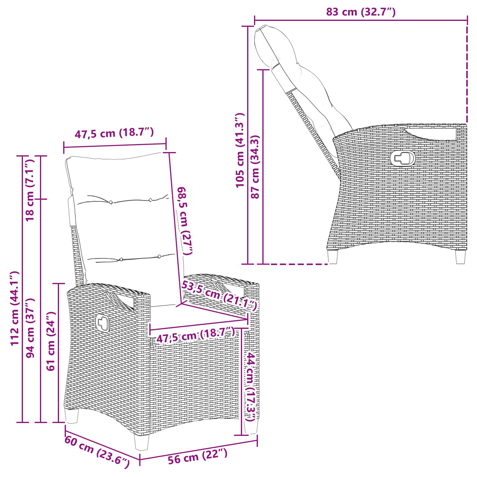 vidaXL Tuinstoel 2 pcs Zwart en Crème 56 x 60 x 112 cm