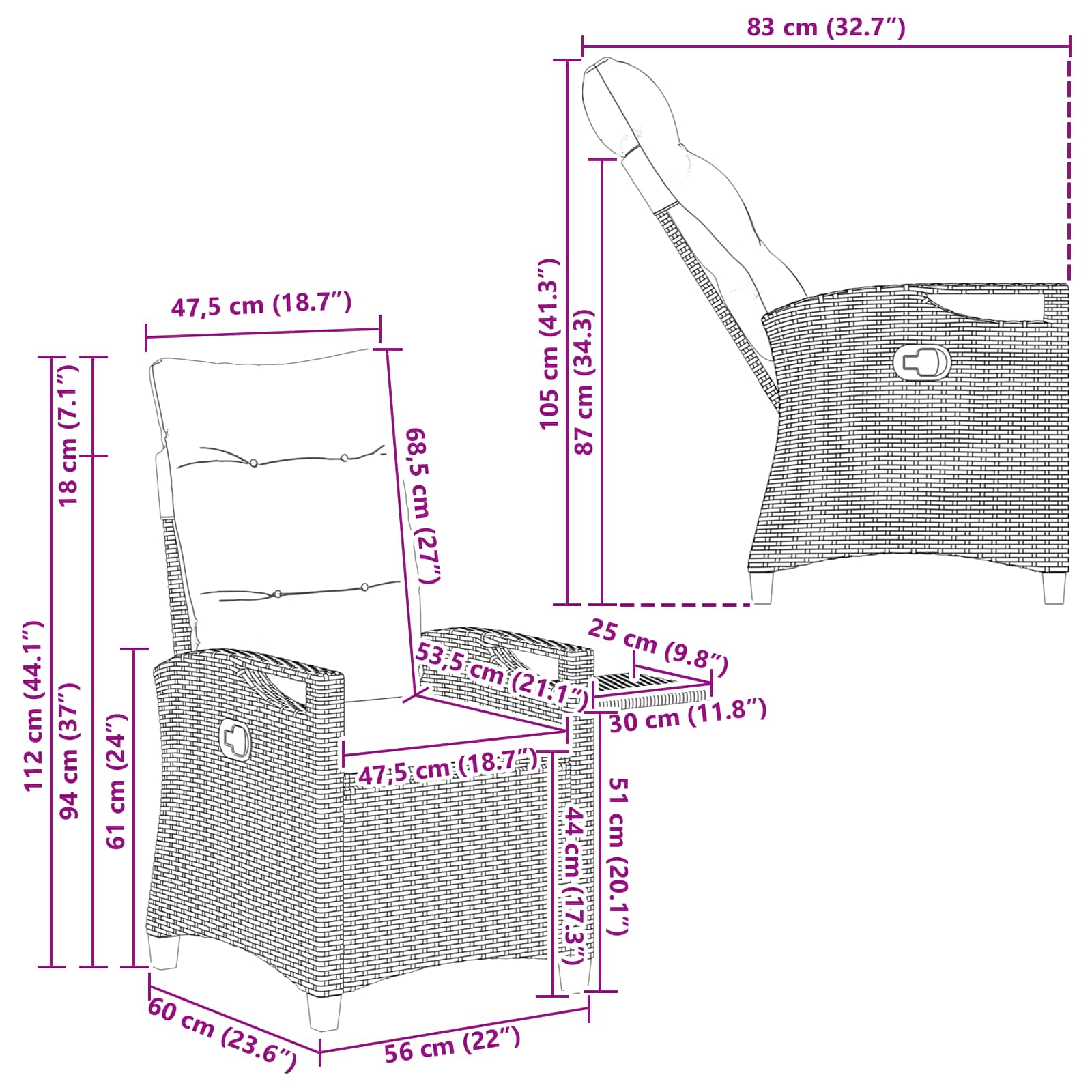 vidaXL Verstelbare tuinstoel Zwart 56 x 60 x 112 cm poly rattan