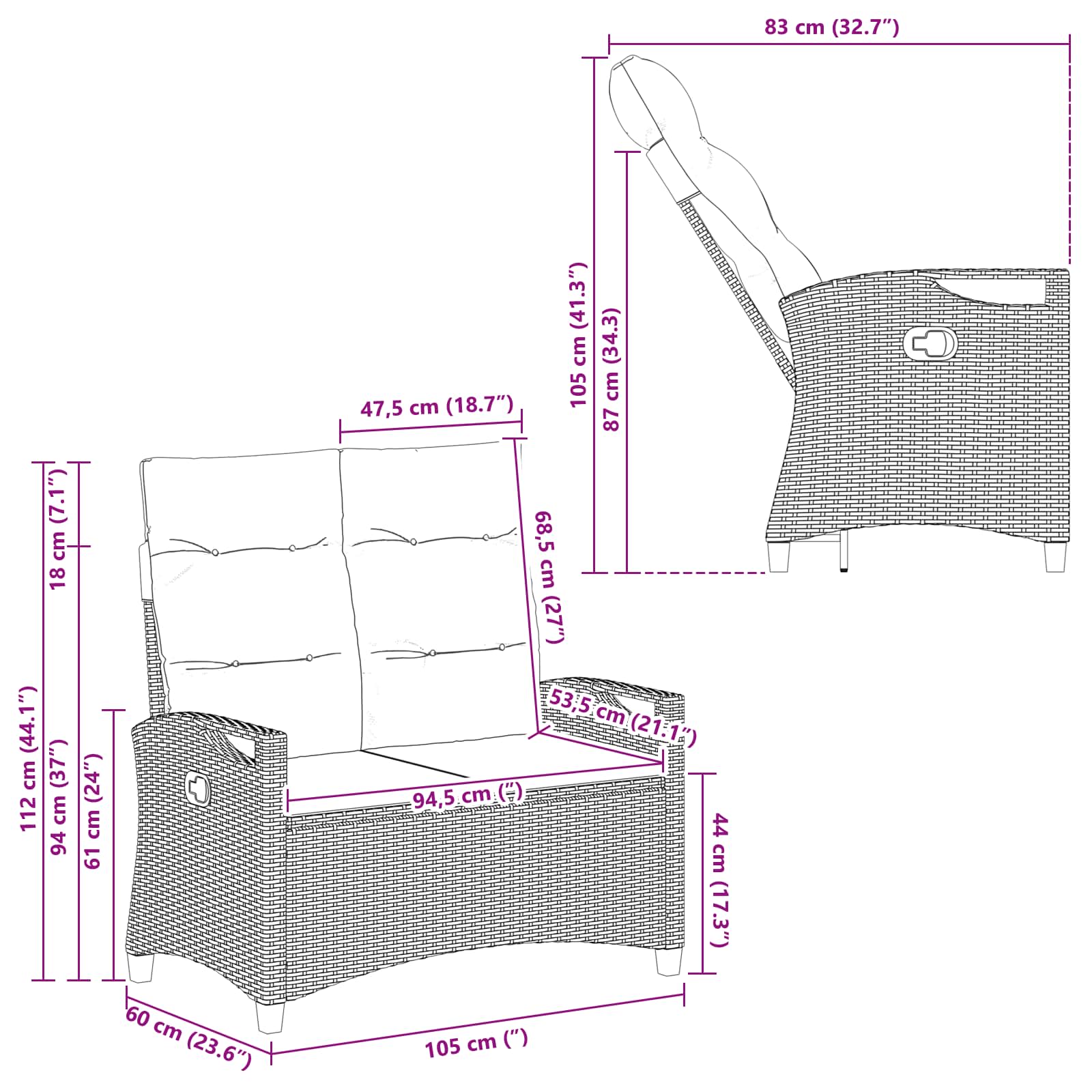 vidaXL Tuinbank met kussen Zwart 105 x 60 x 112 cm Staal en Polyester