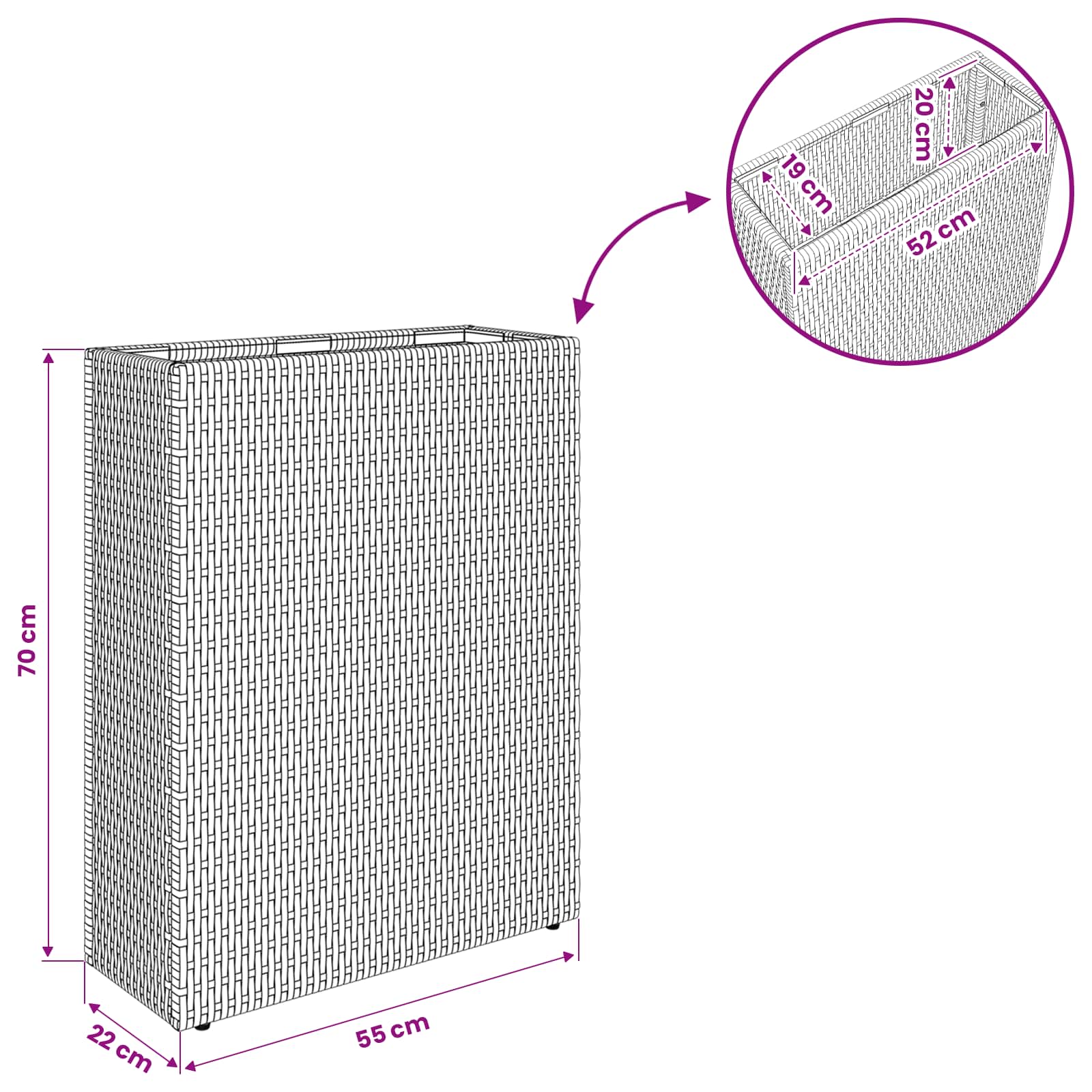 vidaXL Hoge Plantenbak Zwart 55 x 22 x 70 cm polyrattan