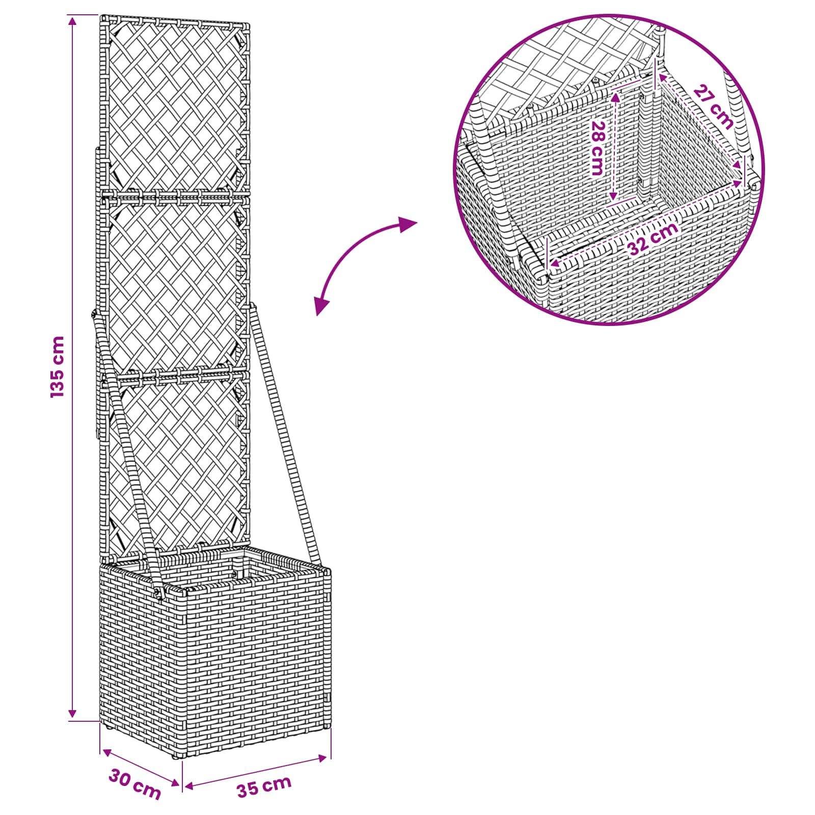 vidaXL Tuindruppel met Trellis Grijs 35 x 30 x 135 cm poly rattan