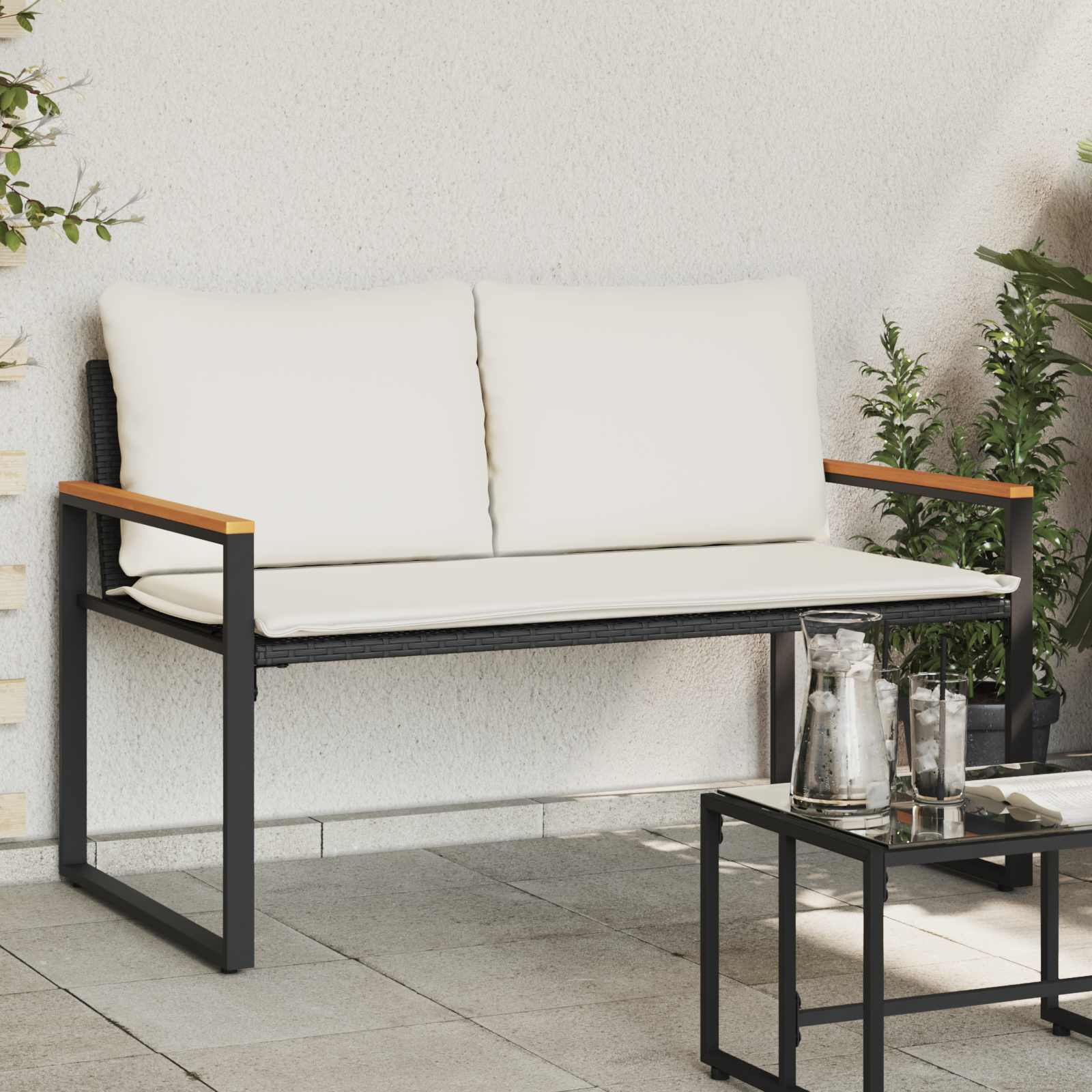 vidaXL Bank met kussen Zwart en Cream Wit 115 x 65 x 72 cm Rattan