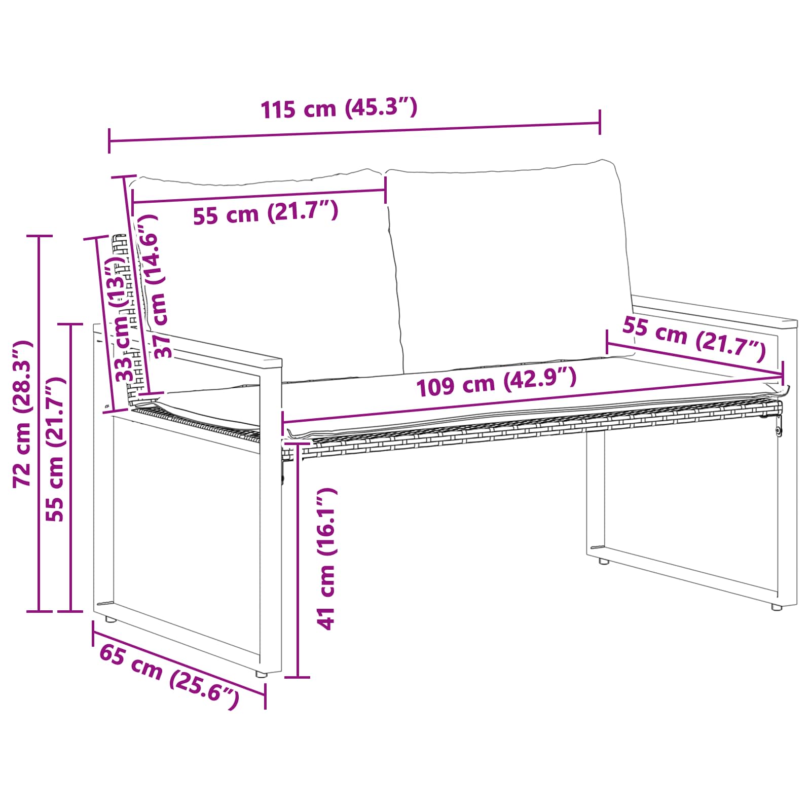 vidaXL Bank met kussen Zwart en Cream Wit 115 x 65 x 72 cm Rattan