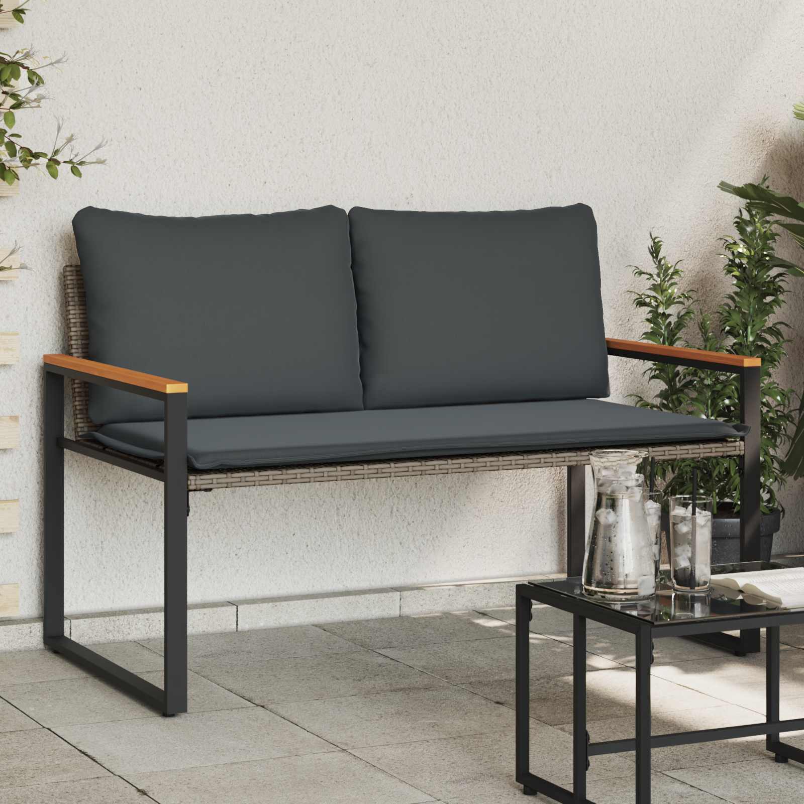 vidaXL Bank met kussen Zwart en Cream Wit 115 x 65 x 72 cm Rattan