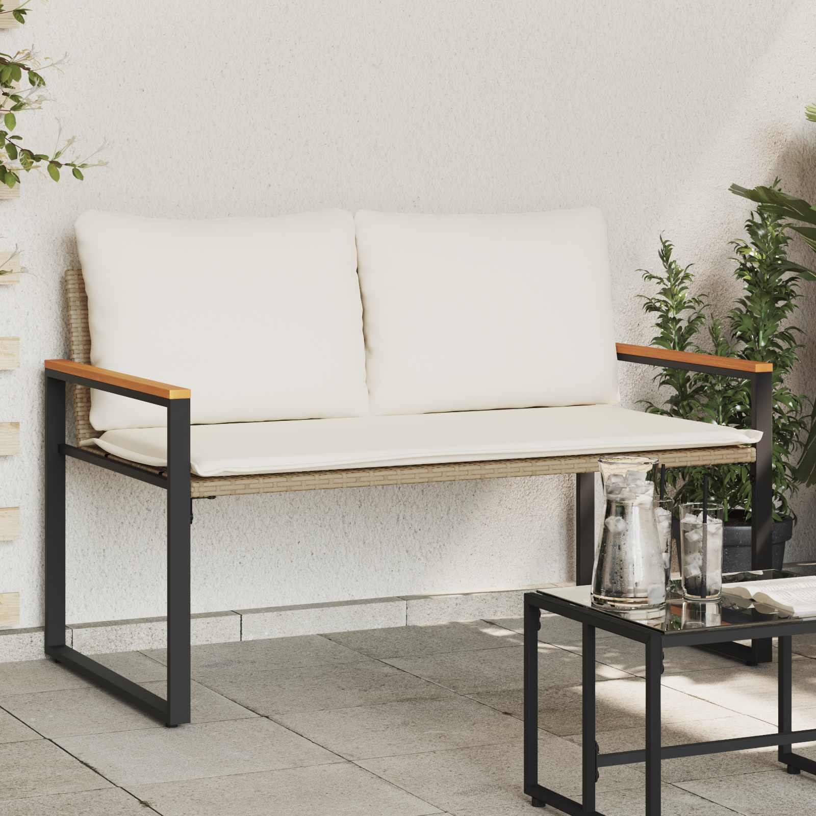 vidaXL Bank met kussen Zwart en Cream Wit 115 x 65 x 72 cm Rattan