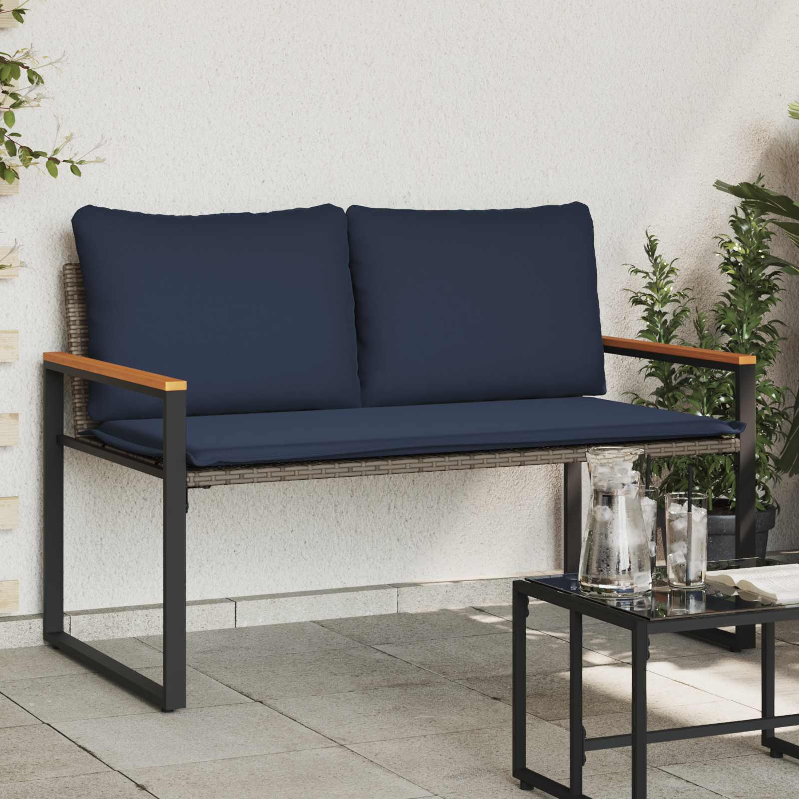 vidaXL Bank met kussen Zwart en Cream Wit 115 x 65 x 72 cm Rattan