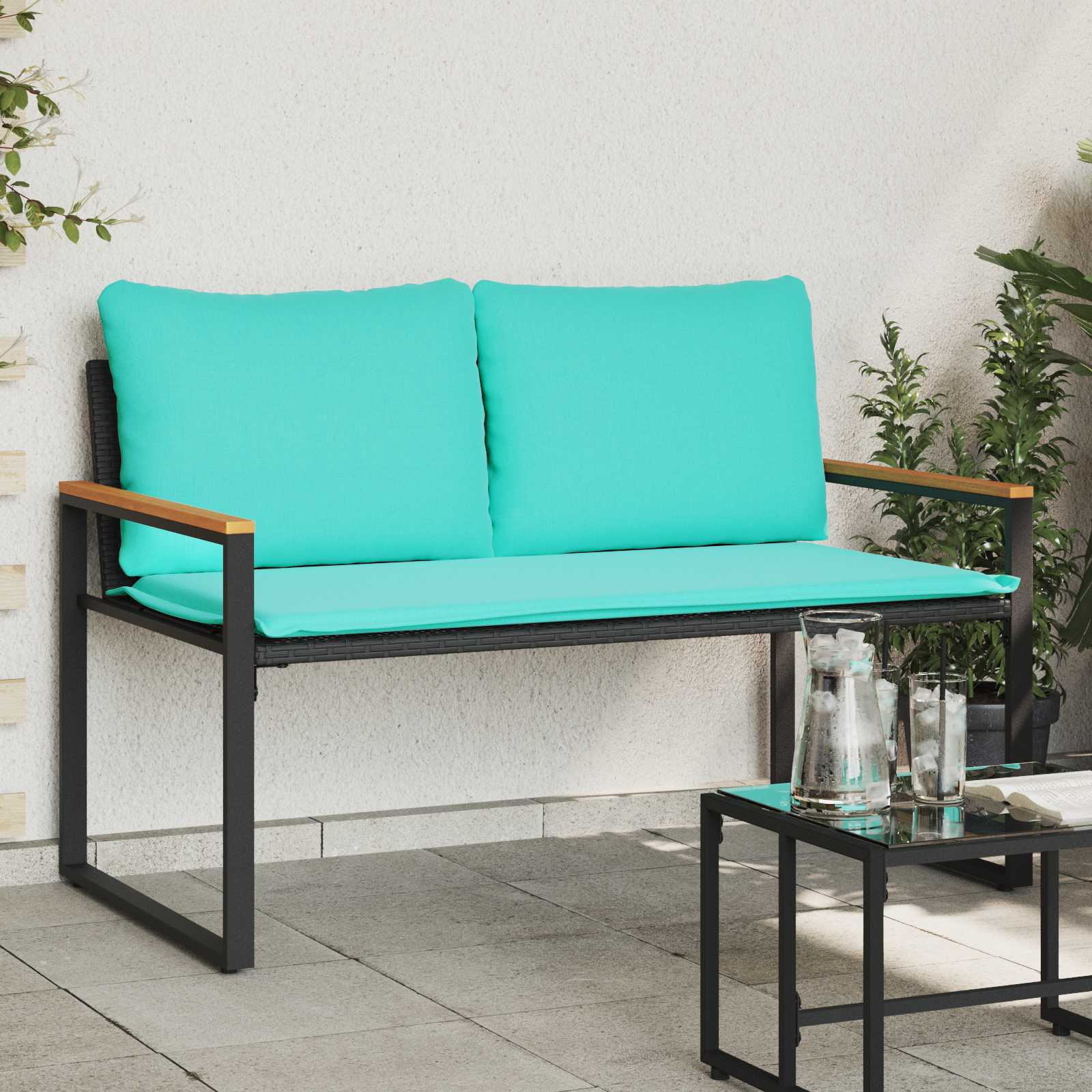 vidaXL Bank met kussen Zwart en Cream Wit 115 x 65 x 72 cm Rattan