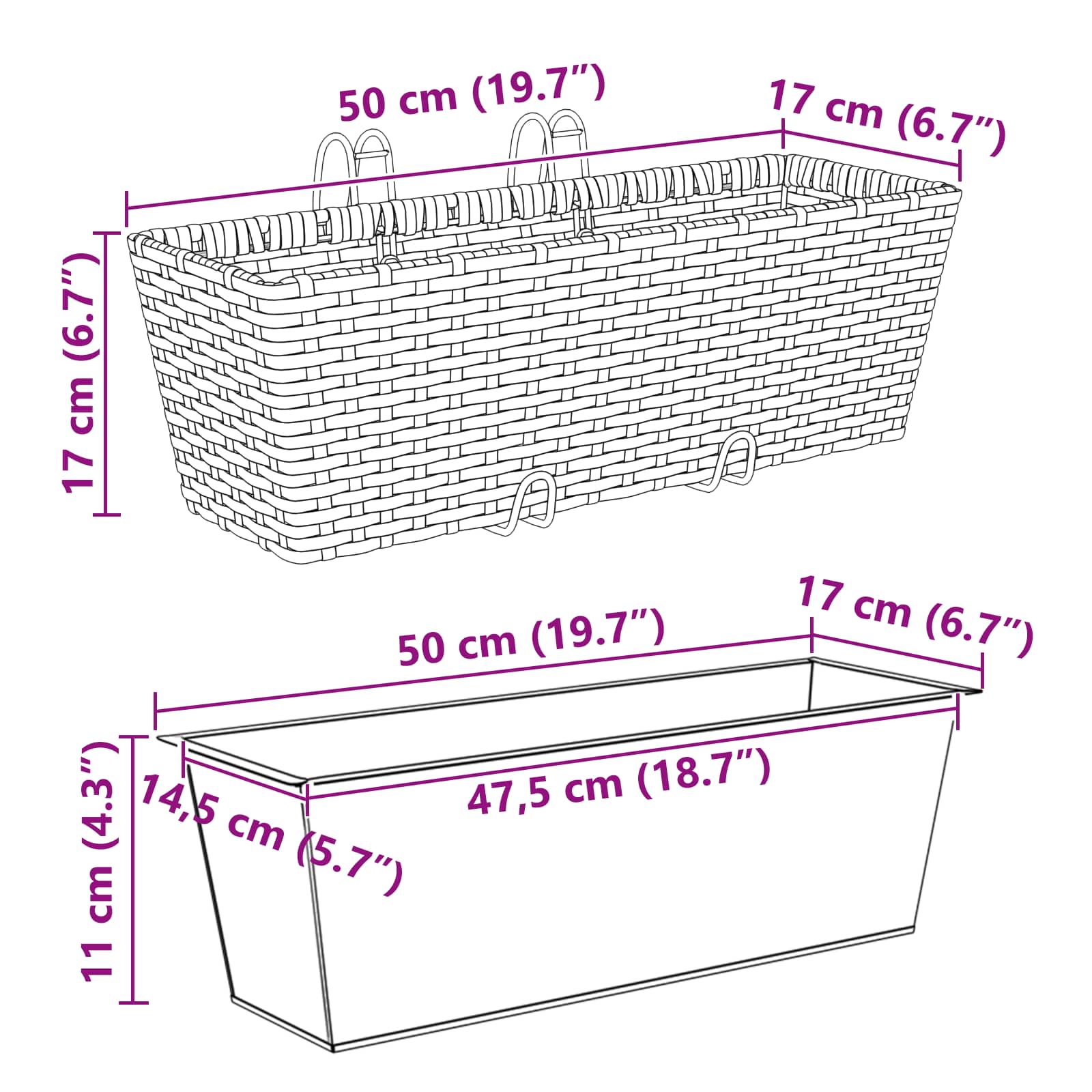 vidaXL Reling 2 pcs Zwart 50 x 17 x 17 cm Metaal