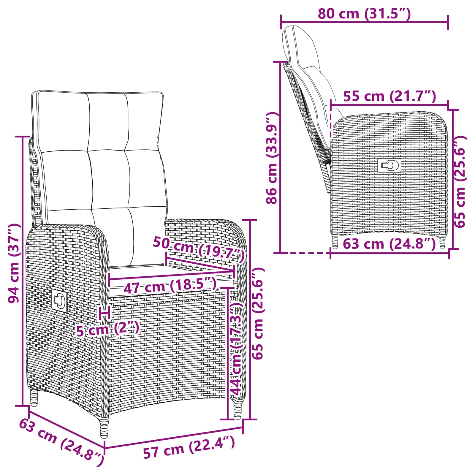 vidaXL Verstelbare tuinstoel Zwart 57 x 63 x 94 cm poly rattan