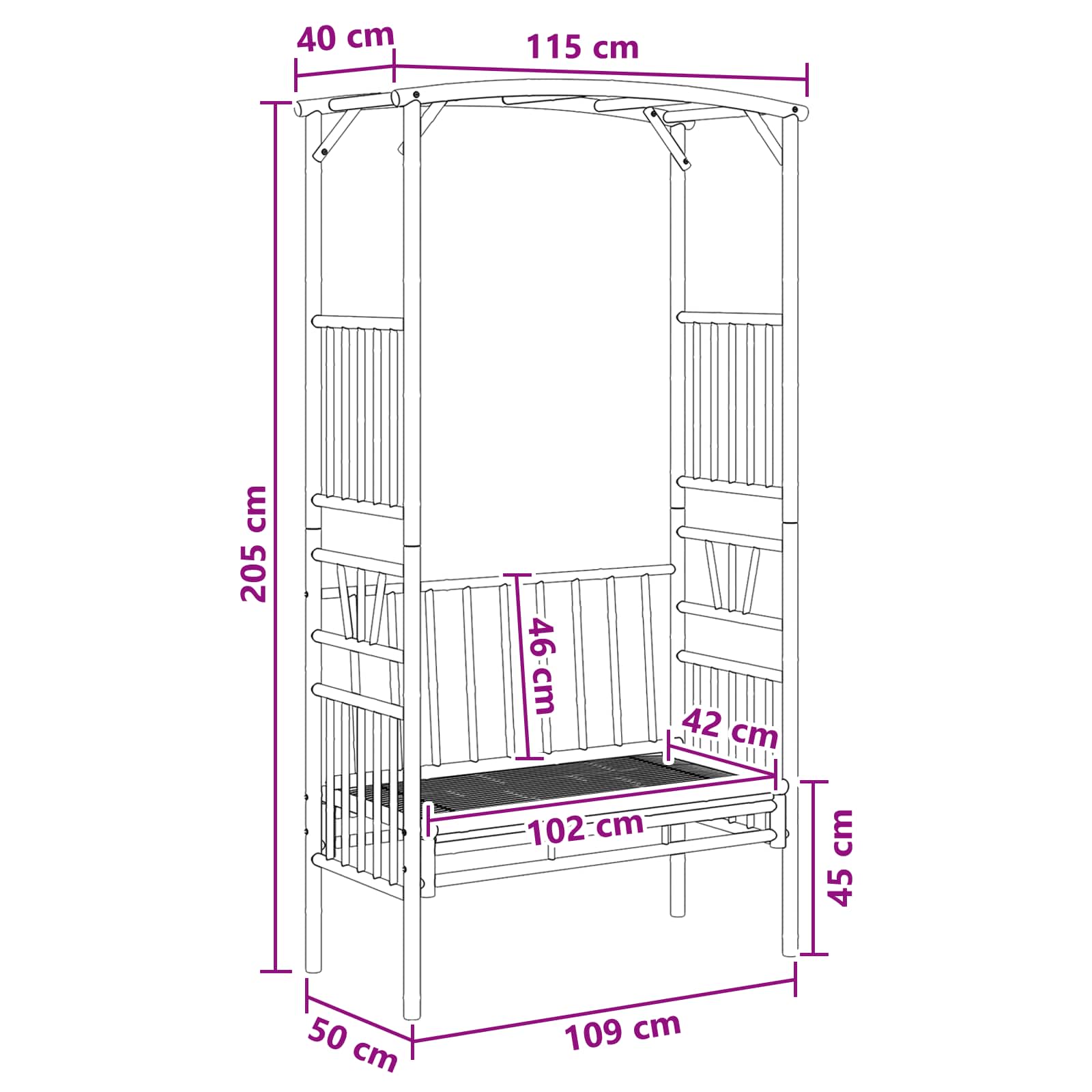 vidaXL Tuinboog met Bank Naturel 115 x 50 x 205 cm Bamboe