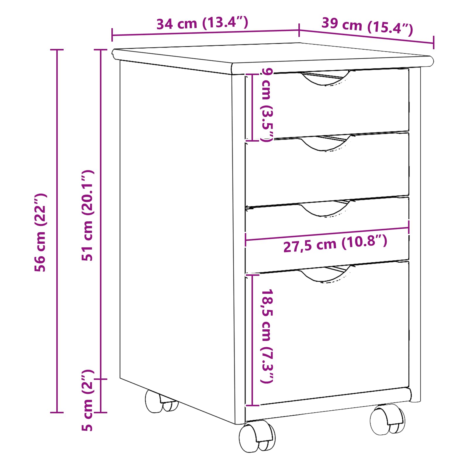 vidaXL Rolling Kast met wiel Wit 34 x 39 x 56 cm Massief Vurenhout