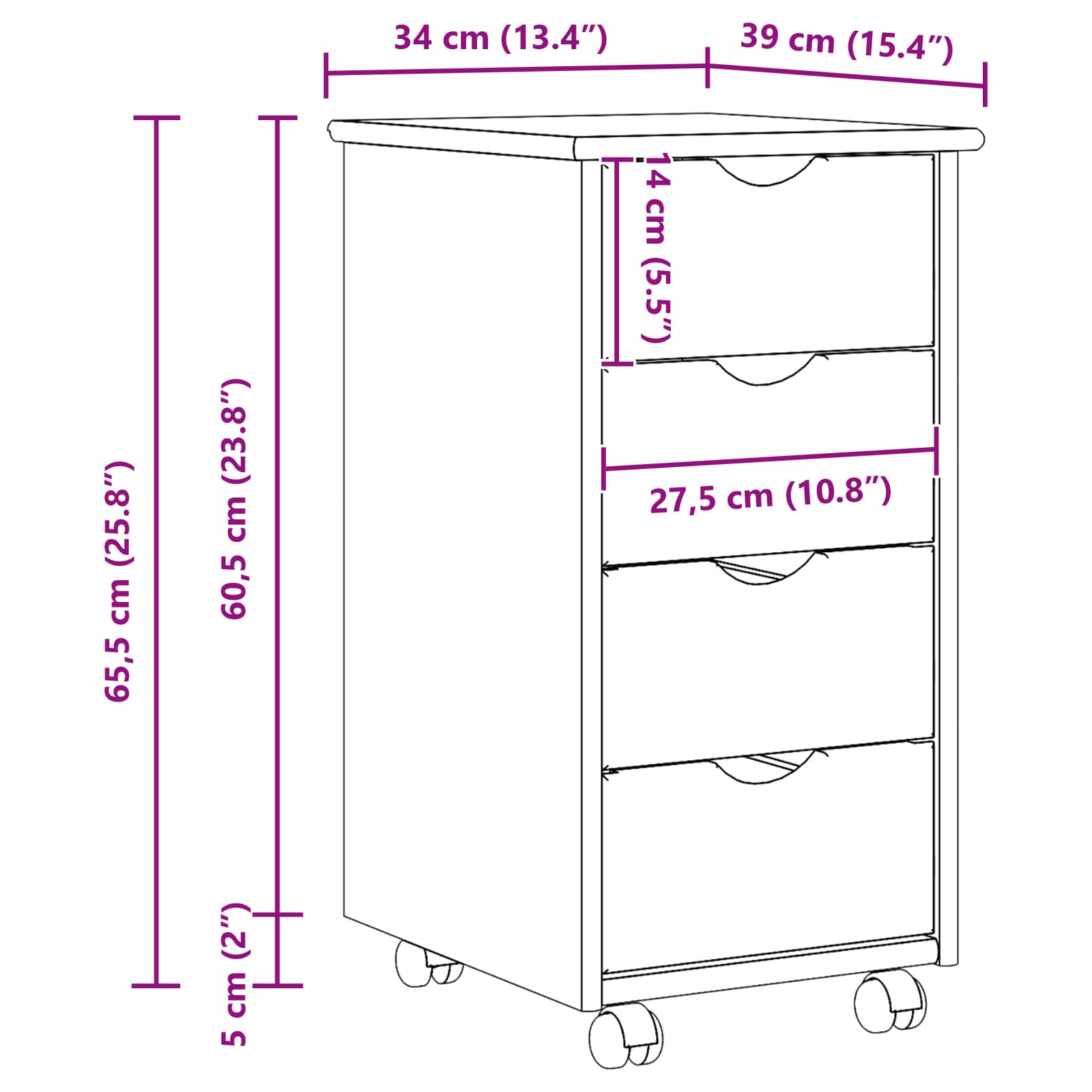 vidaXL Rolling Kast Honingbruin 34 x 39 x 65,5 cm Massief Vurenhout