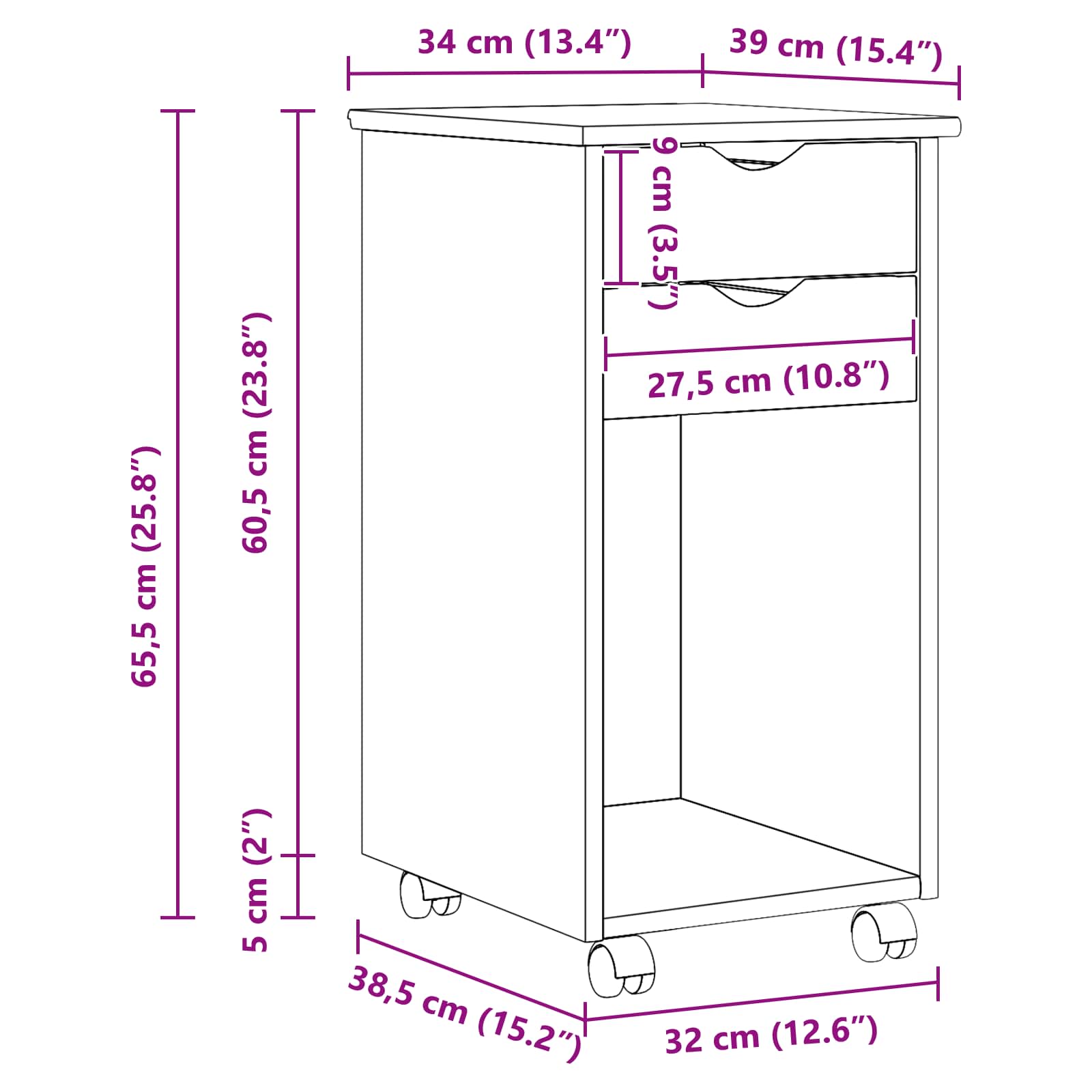 vidaXL Rolling Kast HoningBruin 34 x 39 x 65,5 cm Massief grenenhout