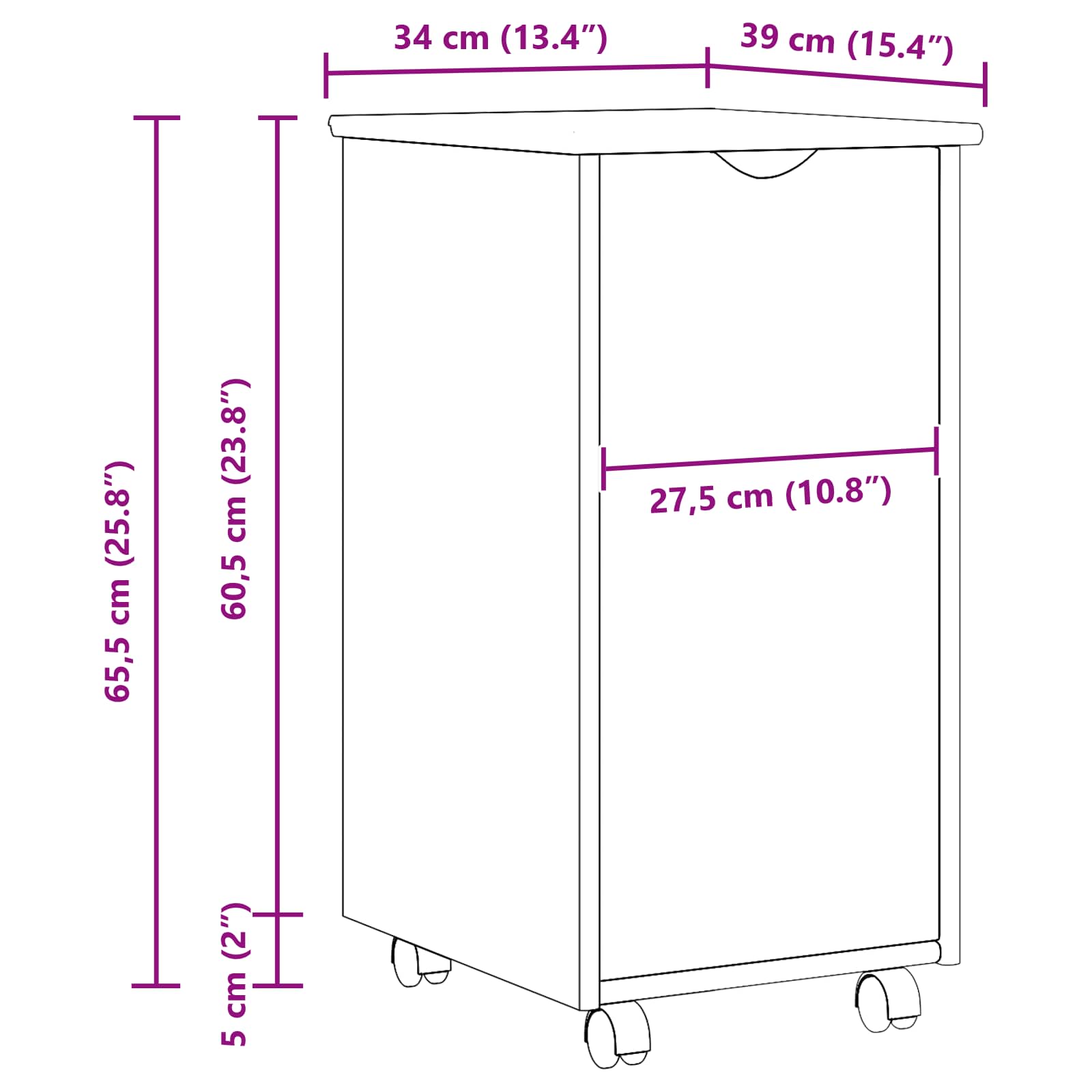 vidaXL Rolling Kast Honingbruin 34 x 39 x 65,5 cm Massief Vurenhout