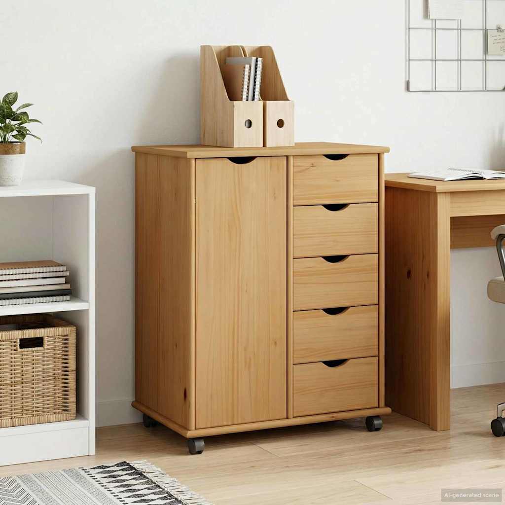vidaXL Rolling Kast Honingbruin 63,5 x 39 x 79 cm Massief Vurenhout