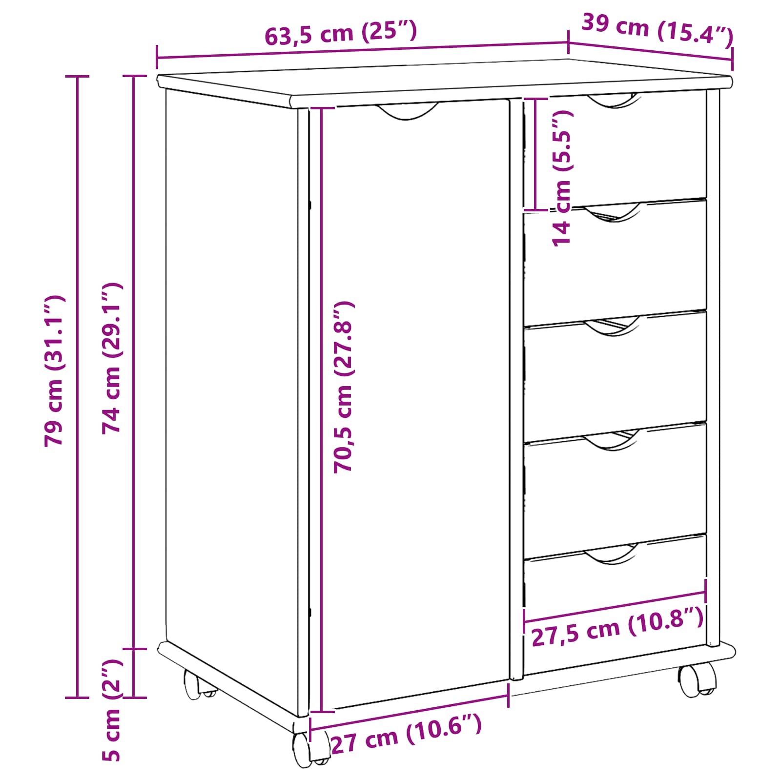 vidaXL Rolling Kast Honingbruin 63,5 x 39 x 79 cm Massief Vurenhout