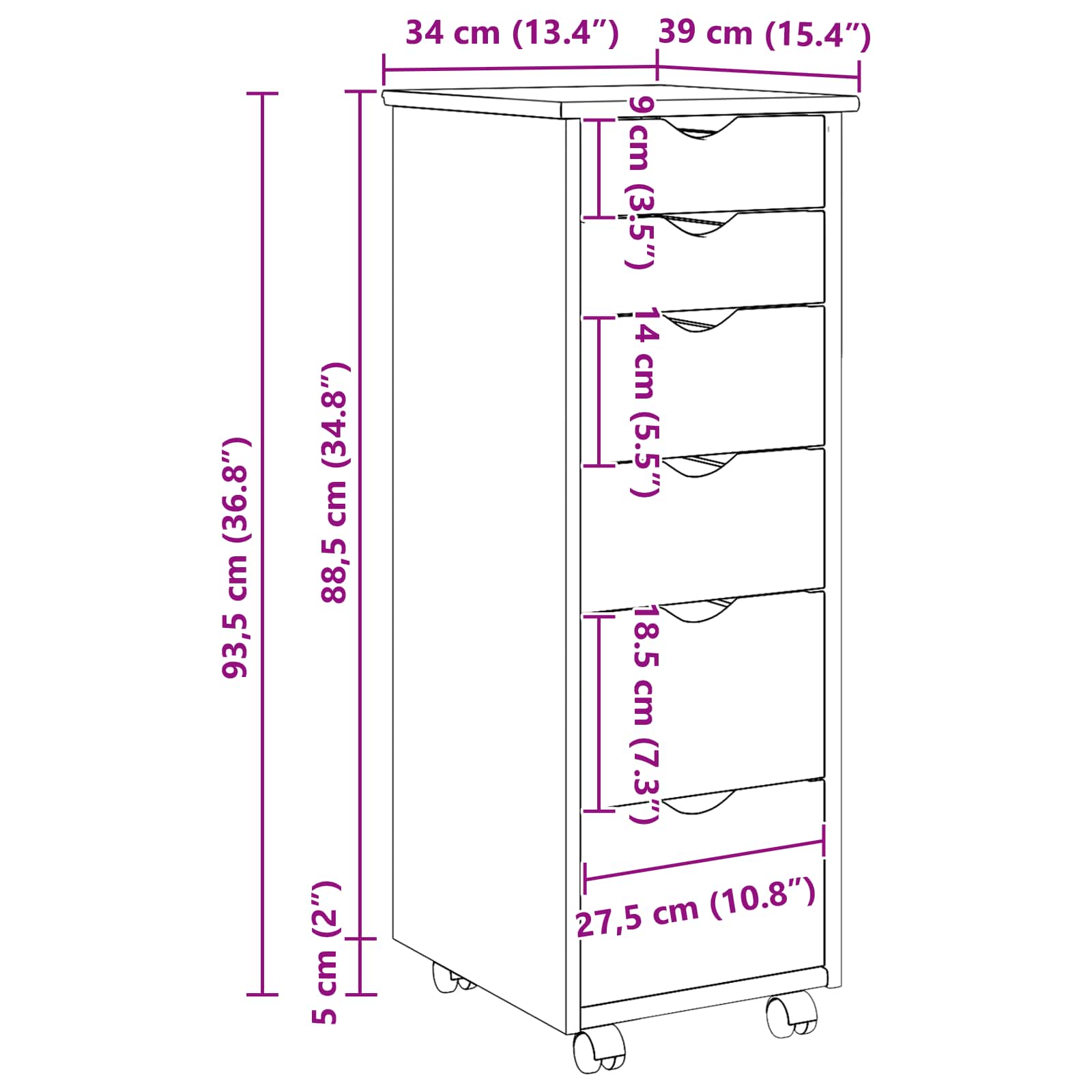 vidaXL Rolling Kast Honingbruin 34 x 39 x 93,5 cm Massief Vurenhout