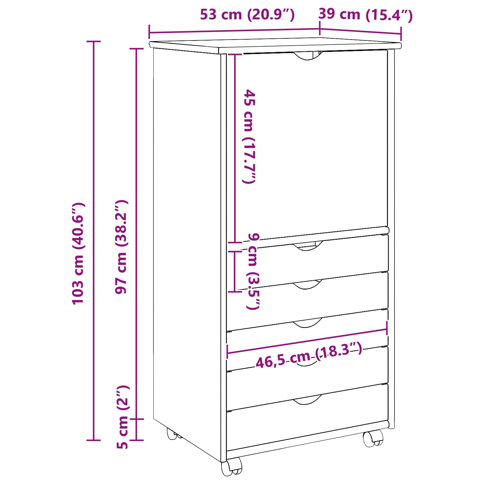vidaXL Rolling Kast met wiel Bruin 53 x 39 x 103 cm Massief Vurenhout