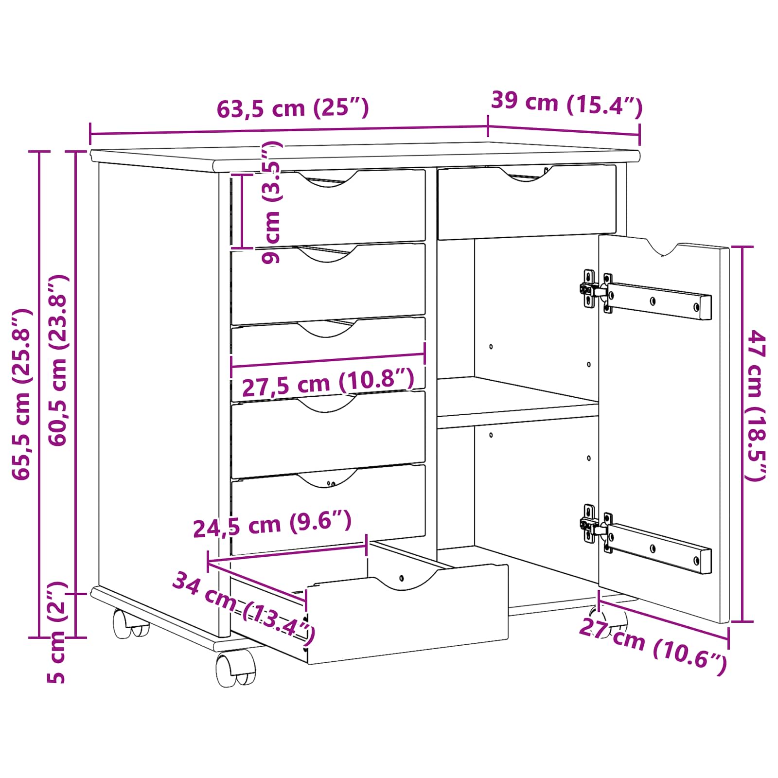 vidaXL Rolling Kast Honingbruin 63,5 x 39 x 65,5 cm Massief Vurenhout
