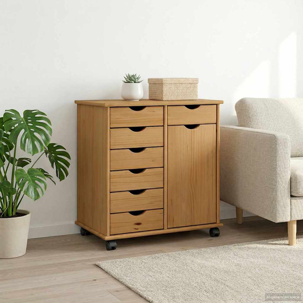 vidaXL Rolling Kast Honingbruin 63,5 x 39 x 65,5 cm Massief Vurenhout