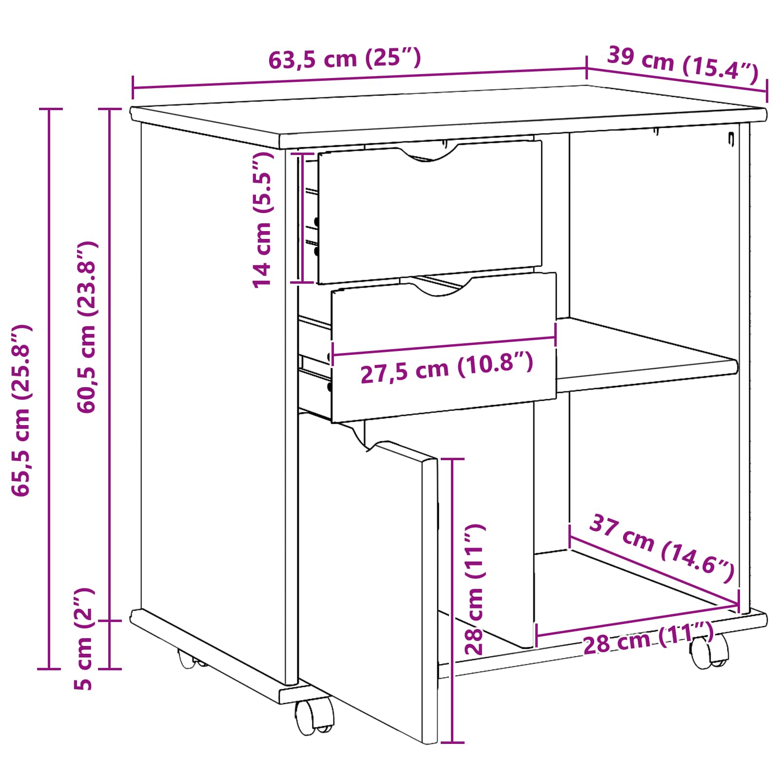 vidaXL Rolling Kast Honingbruin 63,5 x 39 x 65,5 cm Massief Vurenhout