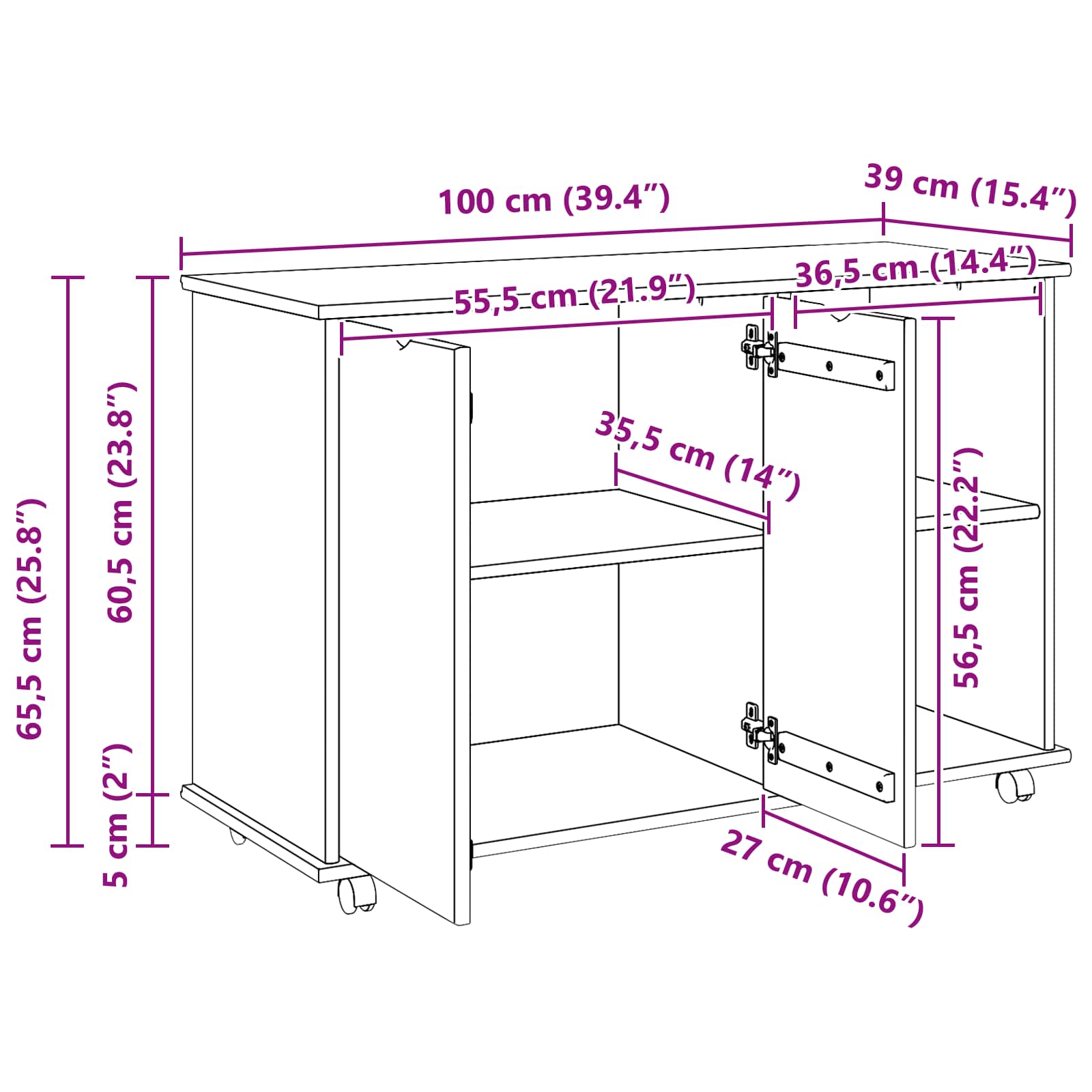 vidaXL Rolling Kast Honingbruin 100 x 39 x 65,5 cm Massief Vurenhout