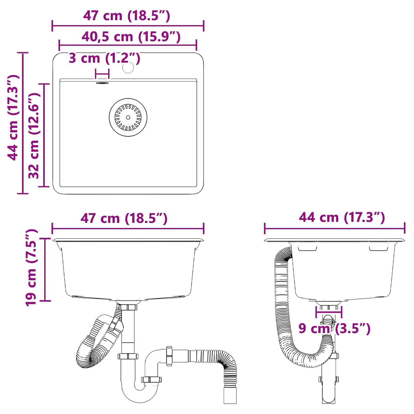 vidaXL Wasbak Zwart 470 x 440 mm Graniet