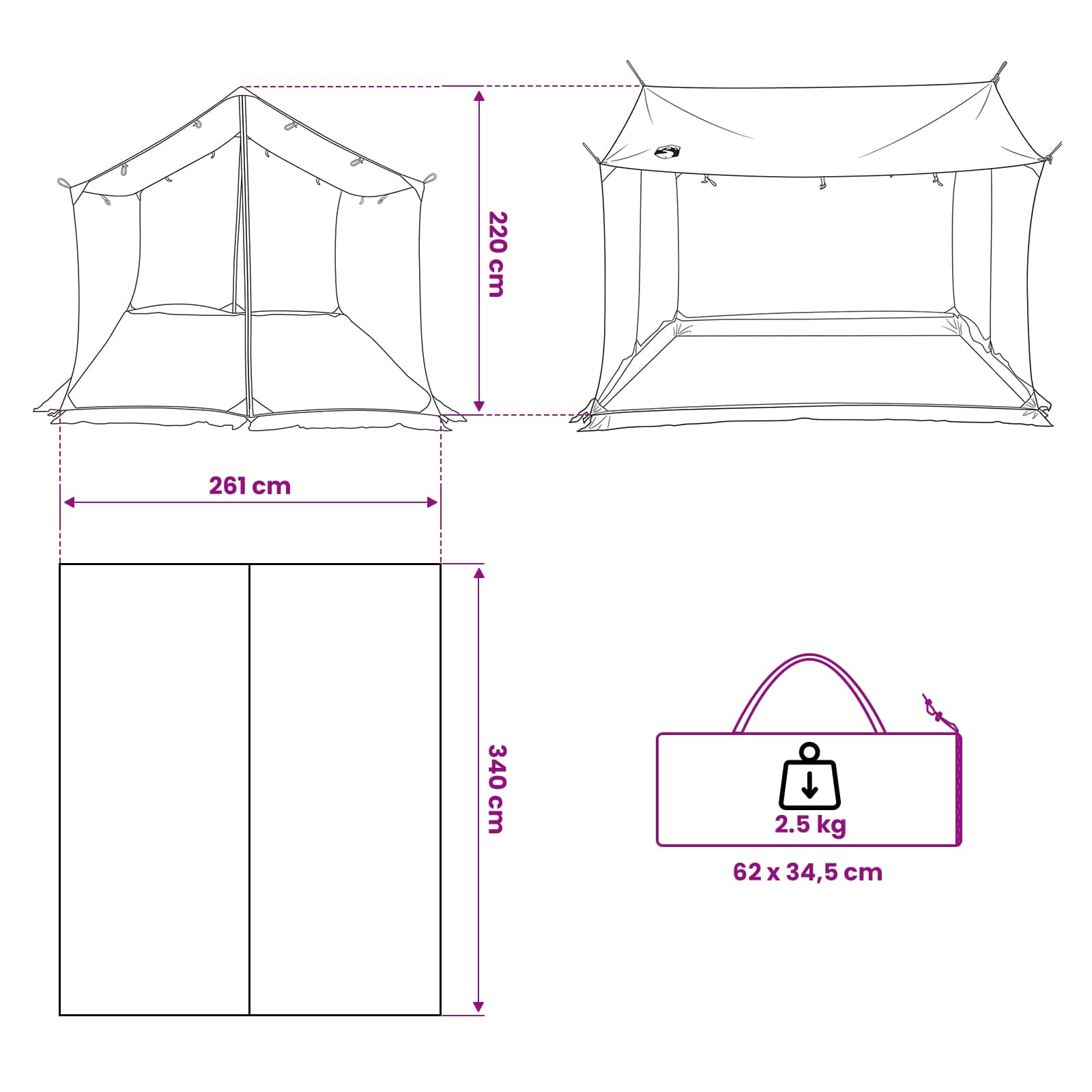 vidaXL Campingzeil met gaaswanden Groen 340 x 260 x 220 cm