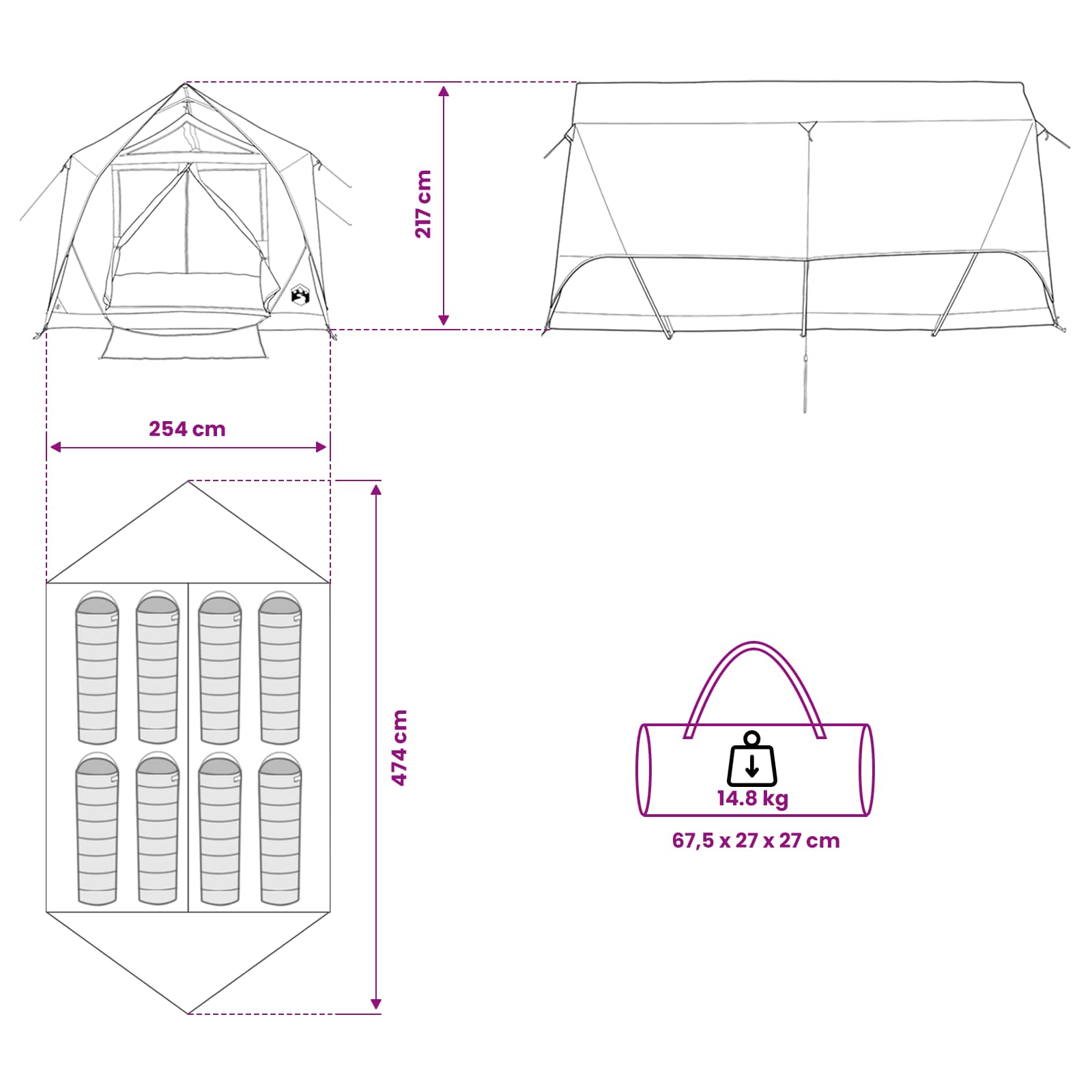 vidaXL Tunneltent met dak Groen 8-persoons Polyester en staal